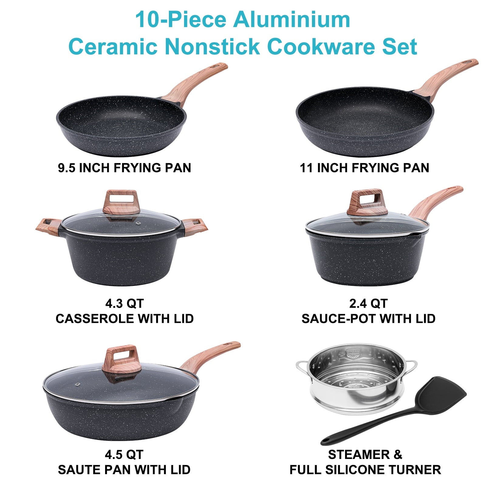 Fenbeli Pots and Pans Set Nonstick, Kitchen Cookware Set, 10 Pcs Non Stick Cooking Set with silicone spatula, Steel Gray