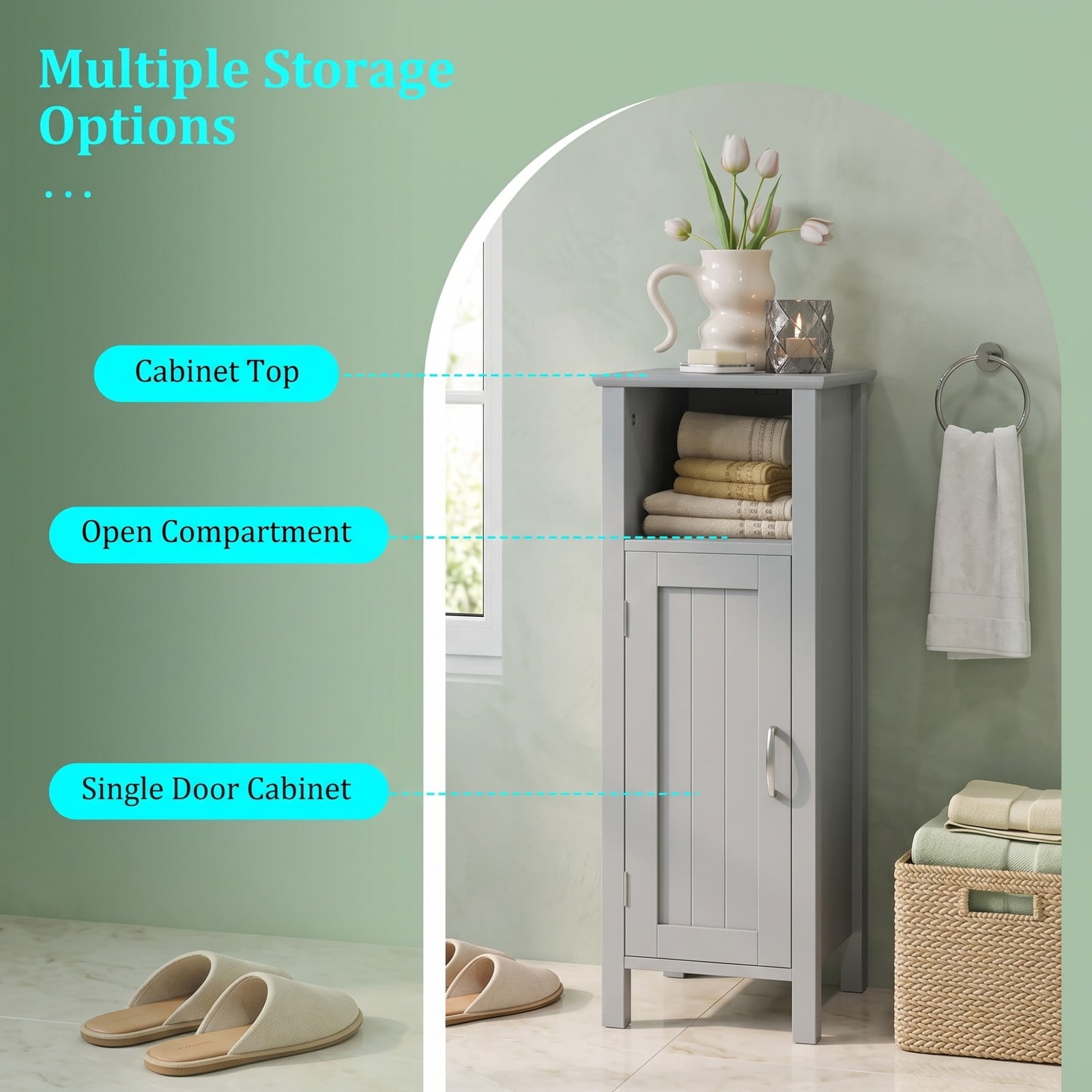 Fenbeli Freestanding Bathroom Storage Cabinet, 2-Tier Floor Organizer with Open Shelf and 1-Door Compartment, Anti-Tip MDF Corner Storage Unit for Bathroom, Gray
