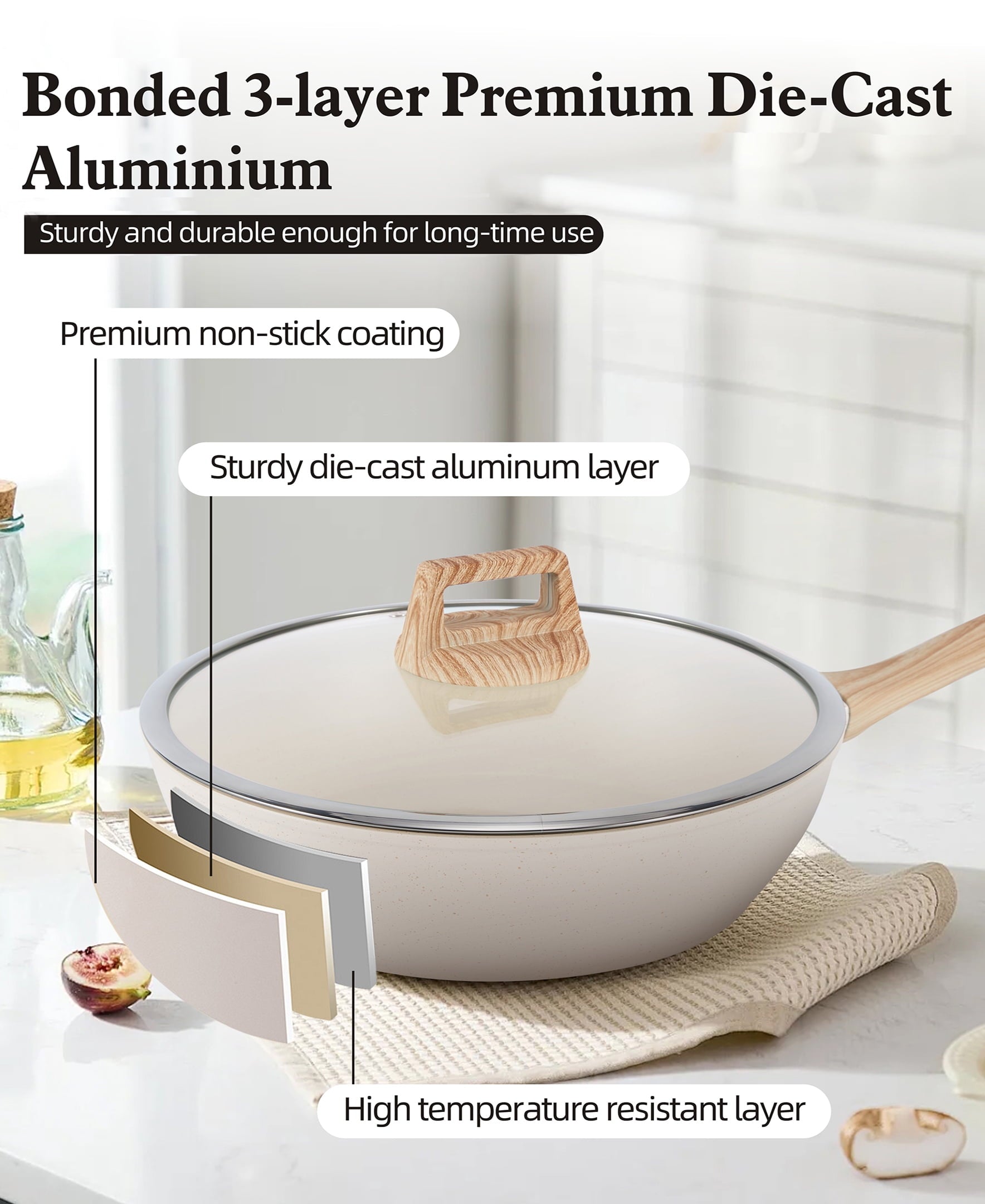 Fenbeli 12 Pcs Pots and Pans Set Nonstick,Ceramic Cookware Set with Pots Protectors and Cooking Utensils,Cream White