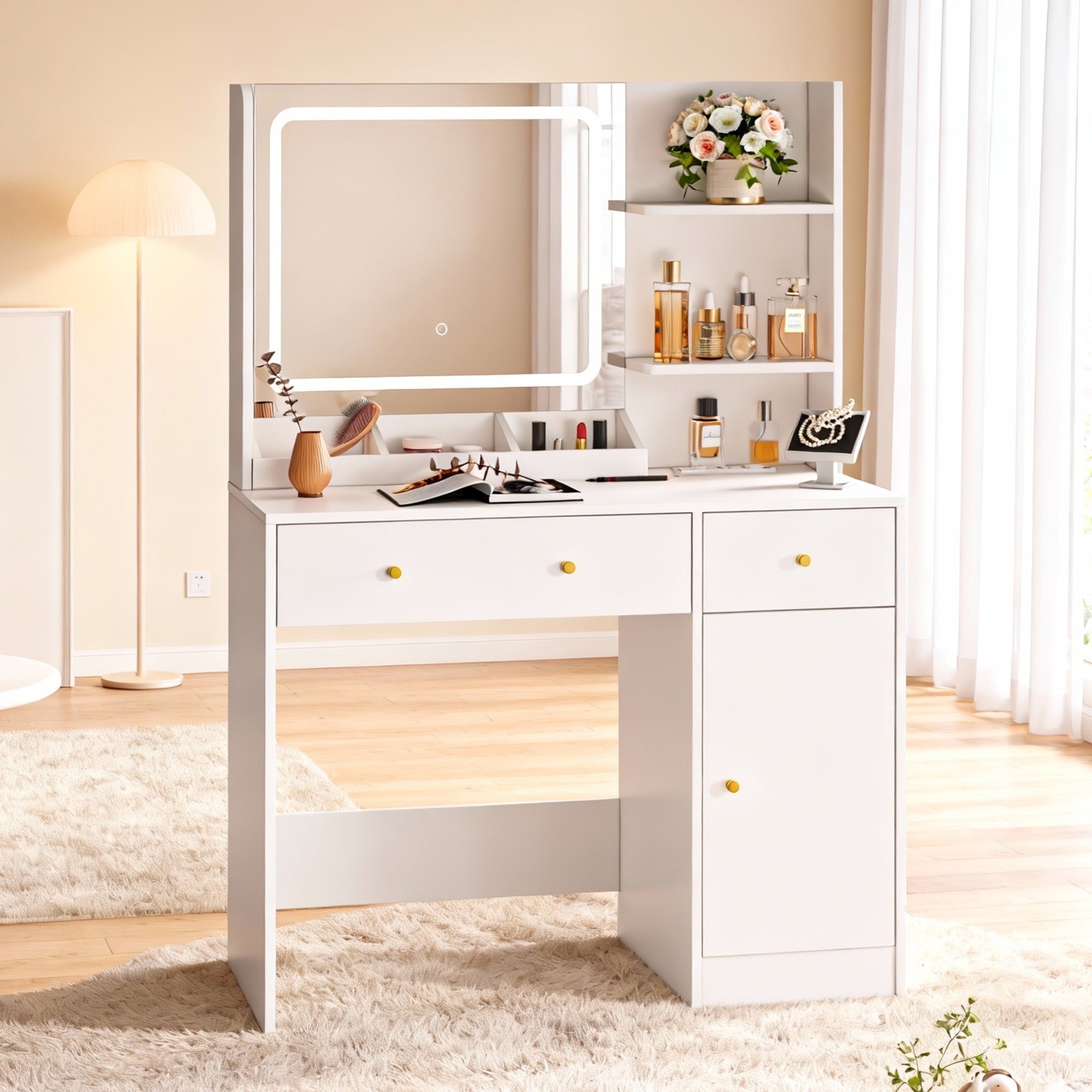 Fenbeli White Vanity Desk with Lighted Mirror, Makeup Table with Charging Station, Large Vanity Set with 3 Storage Compartments for Bedroom