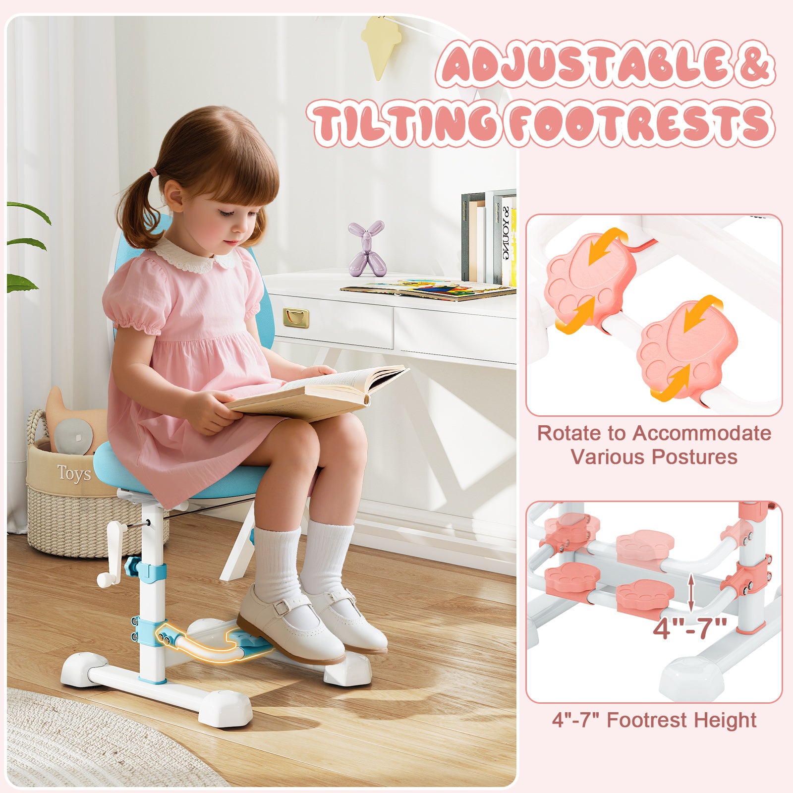Kids Study Chair with Footrest and Adjustable Double Backrest