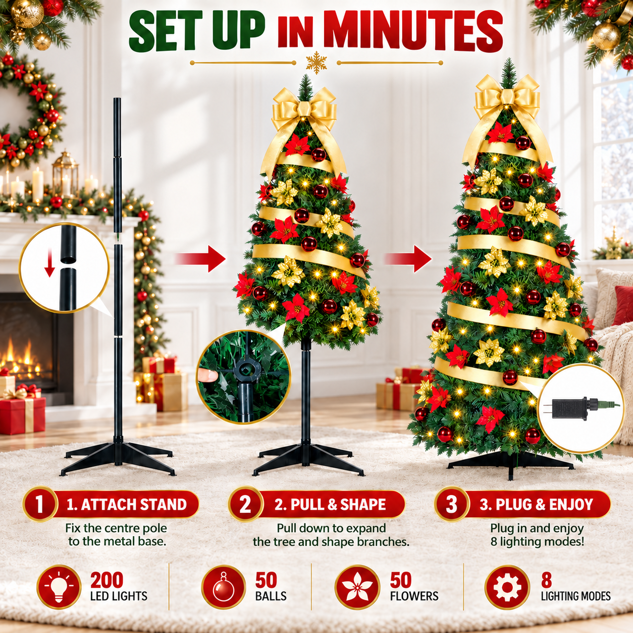 Fenbeli 6ft Pop-Up Pre-Lit Pencil Christmas Tree, 200 LED Lights, 8 Modes, 50 Balls, 50 Flowers, Gold Bow for Holiday Party Decor