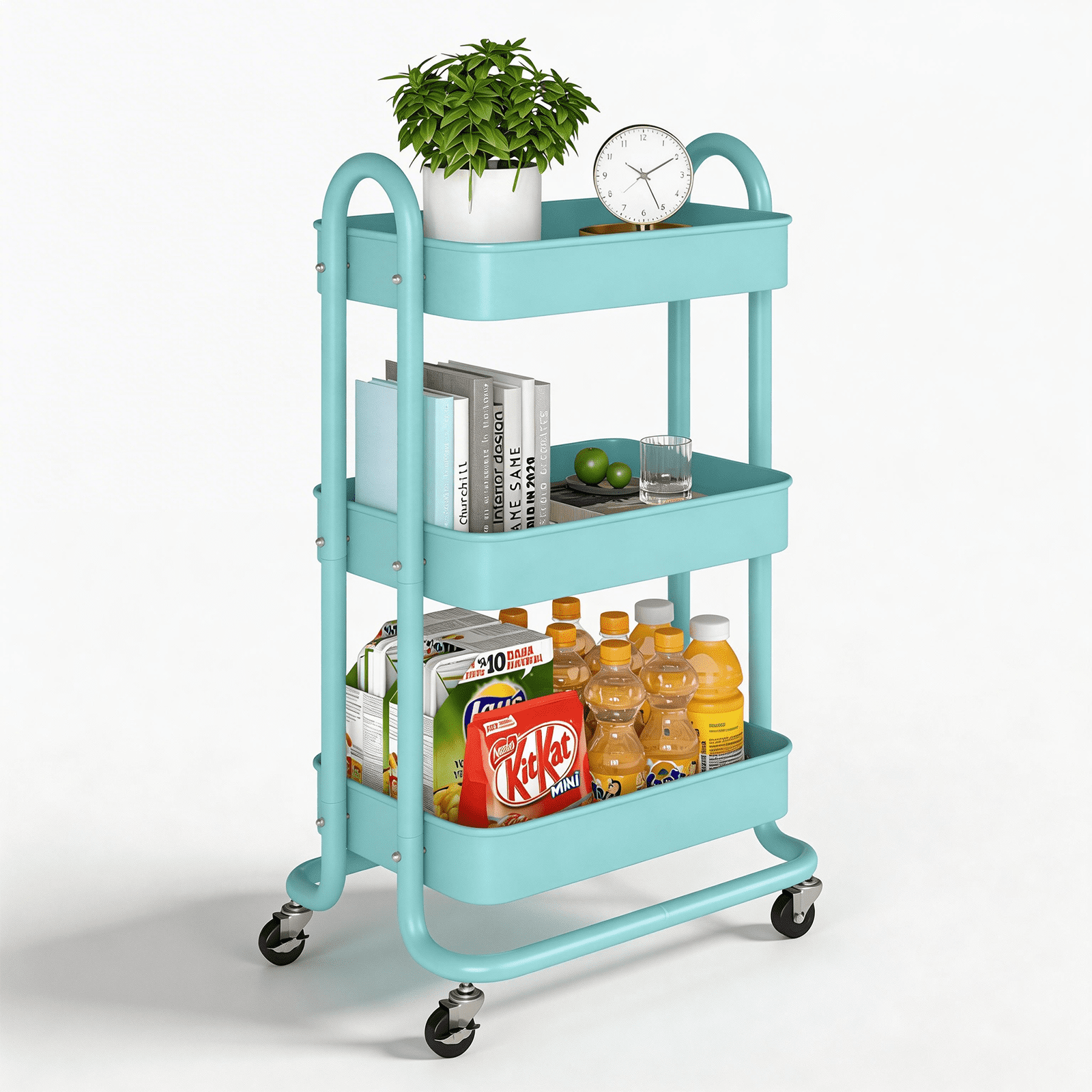 Fenbeli 3-Tier Metal Rolling Utility Cart with Wheels, blue, 18L x 13.4W x 31H