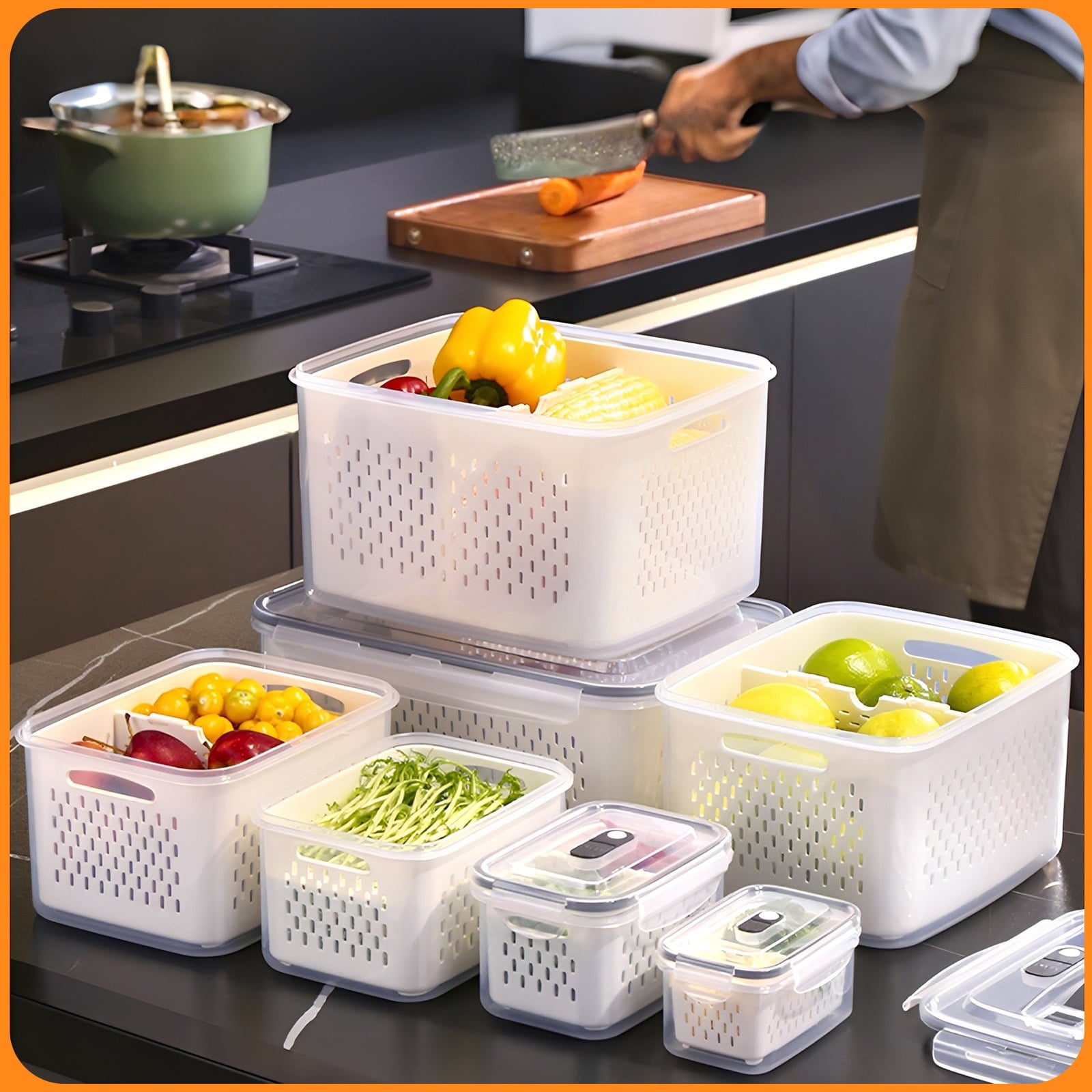 Fenbeli Fruit Vegetable Storage Containers for Fridge, 6 Pack Produce Saver with Lids and Removable Colander, BPA-Free Airtight Fresh Keeper with Adjustable Vent and Divider, Refrigerator Organizer Set
