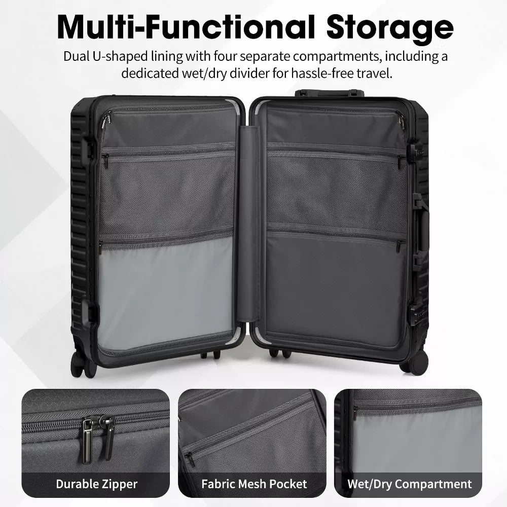 Fenbeli 24 Hardshell Luggage with Cup Holder TSA Locks ABS+PC Suitcases with Spinner Wheels for Travel Aluminum Frame Black