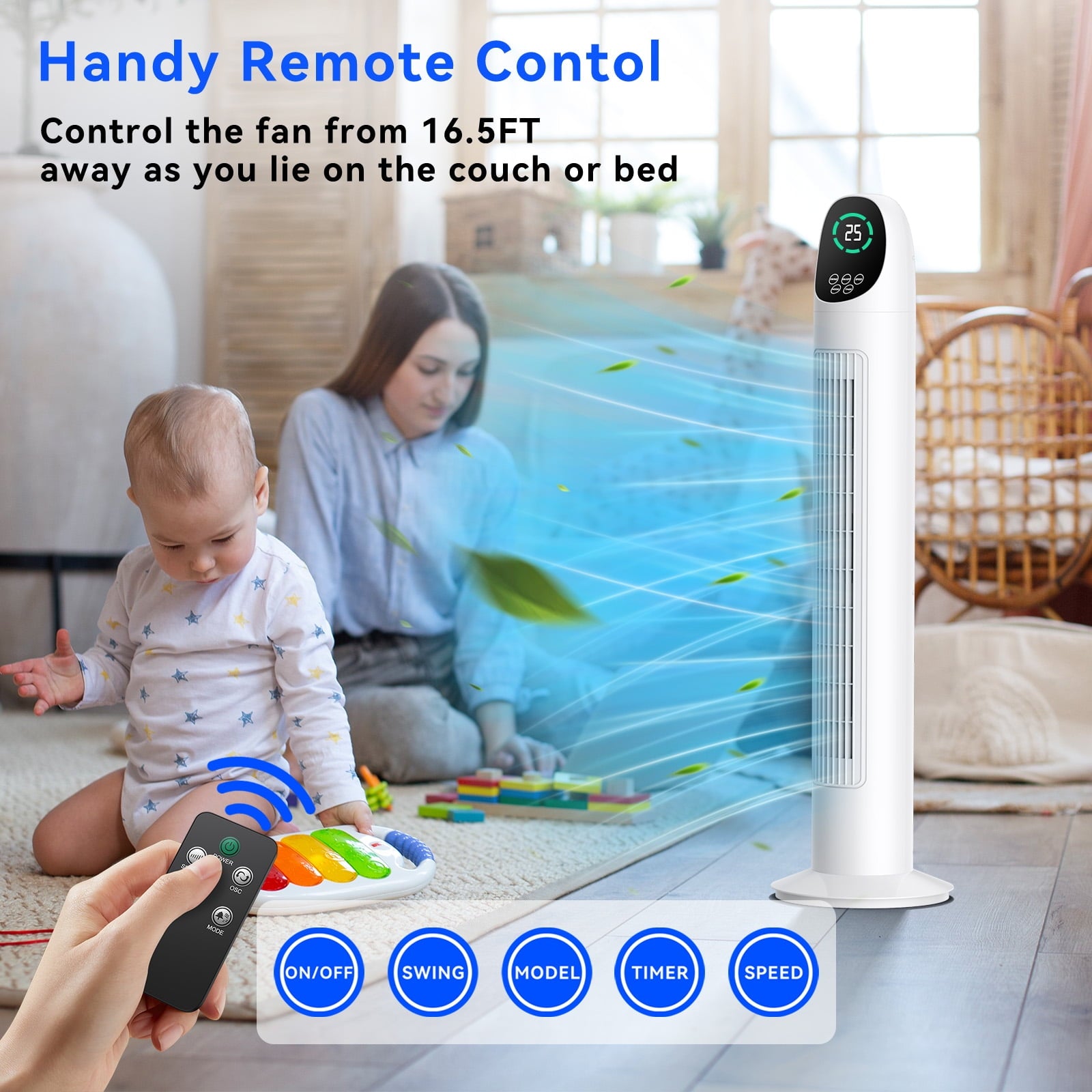 34" Tower Fan with Remote Oscillating Floor Fans for Bedroom, White