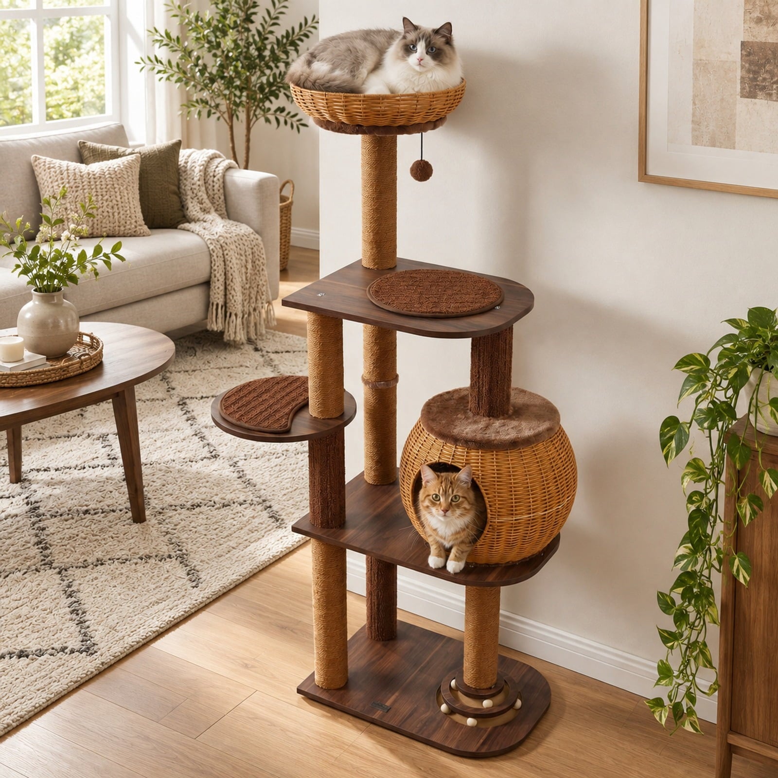 Fenbeli 59.5 Inch Cat Tree Multi-Level Cat Tower with PE Rattan Cat Condo and Top Perch, Platform 44 lbs Capacity, 23 x 16 x 59.5 Footprint
