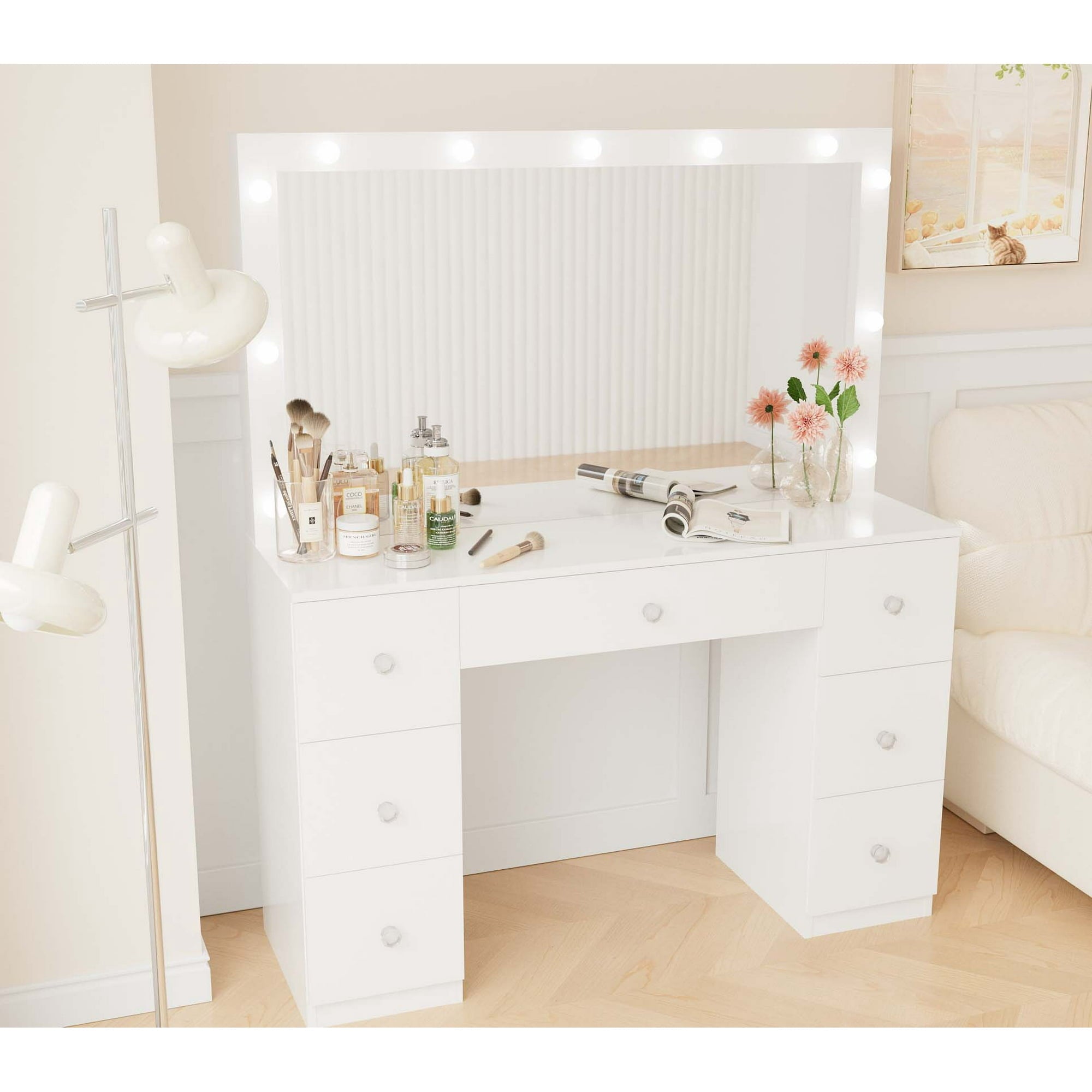 Fenbeli Vanity Desk with Mirror, LED Lights Makeup Vanity Table with 7 Drawers for Bedroom Dressing Room, White Finish