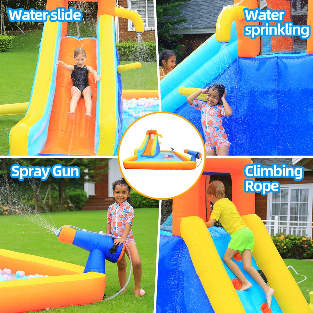 Fenbeli Inflatable Water Slide with Spray Pool, 2 Water Guns, Climbing Wall, Basketball Hoop, and Inflatable Bounce House with 450W Blower
