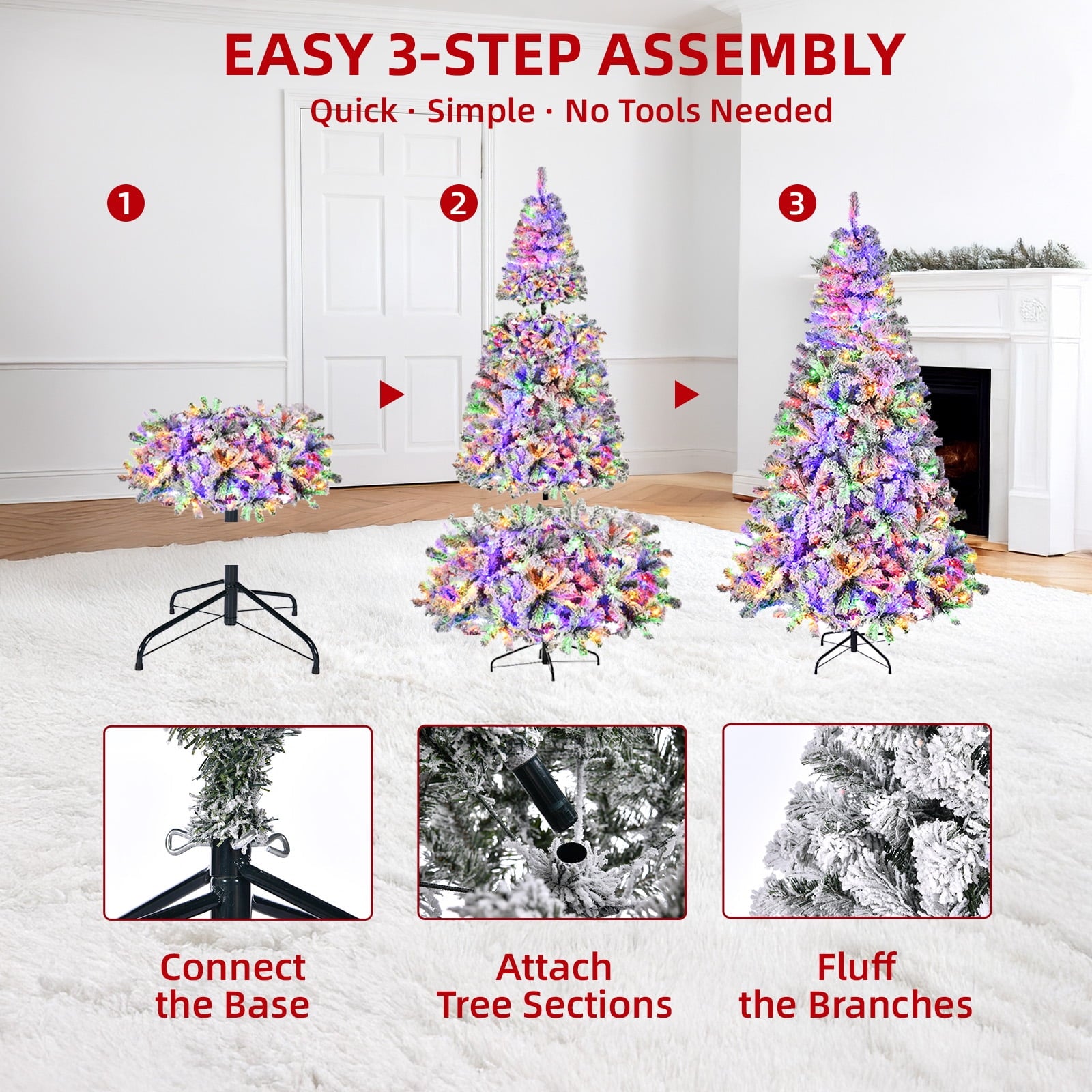 Fenbeli 6ft Pre-Lit Premium Snow Flocked Christmas Tree with 300 Nine Lights Colored Lights, White