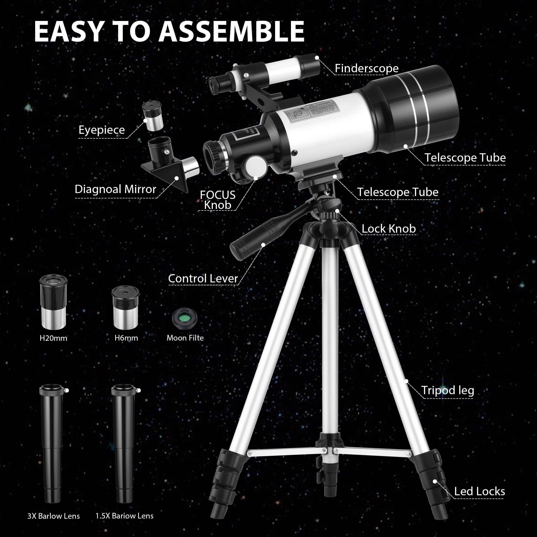 Furnibear Telescope for Kids and Adults 70mm Aperture High Powered Refractor Astronomy Telescope with Tripod and Phone Adapter,White