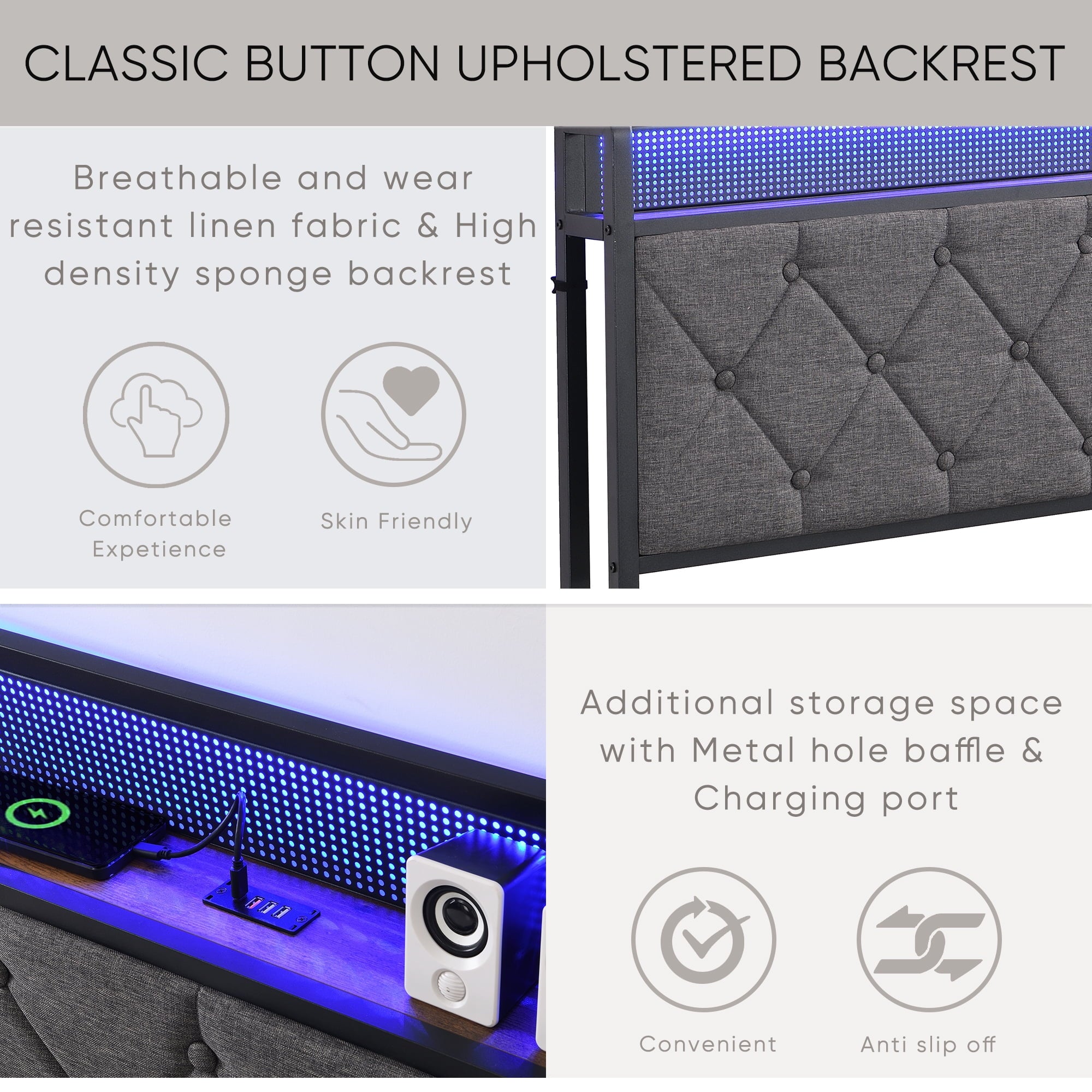 Furnibear Queen Bed Frame with RGB LED Lights, Charging Station And Storage Headboard | Reinforced Platform | Easy Assembly, Dark Gray