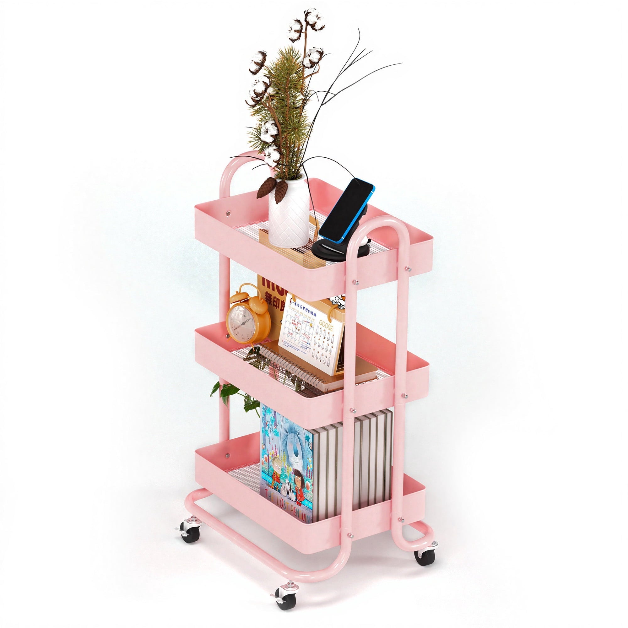 Fenbeli 3-Tier Metal Rolling Utility Cart with Wheels, pink, 18L x 13.4W x 31H