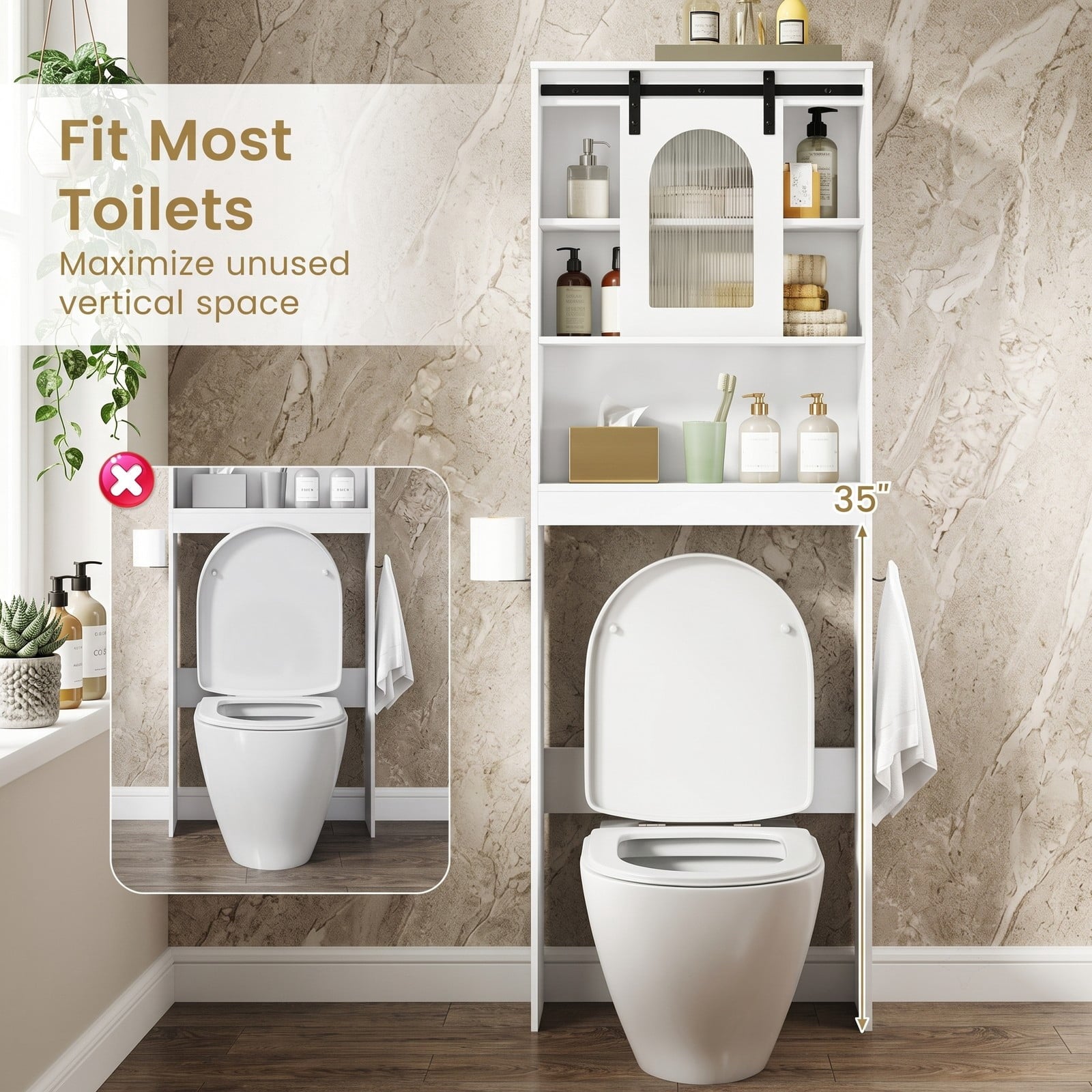 Fenbeli Over The Toilet Storage Cabinet with Sliding Barn Door and Open Shelves, Farmhouse Bathroom Space Saver Organizer Over Toilet Rack with Side Hooks, White