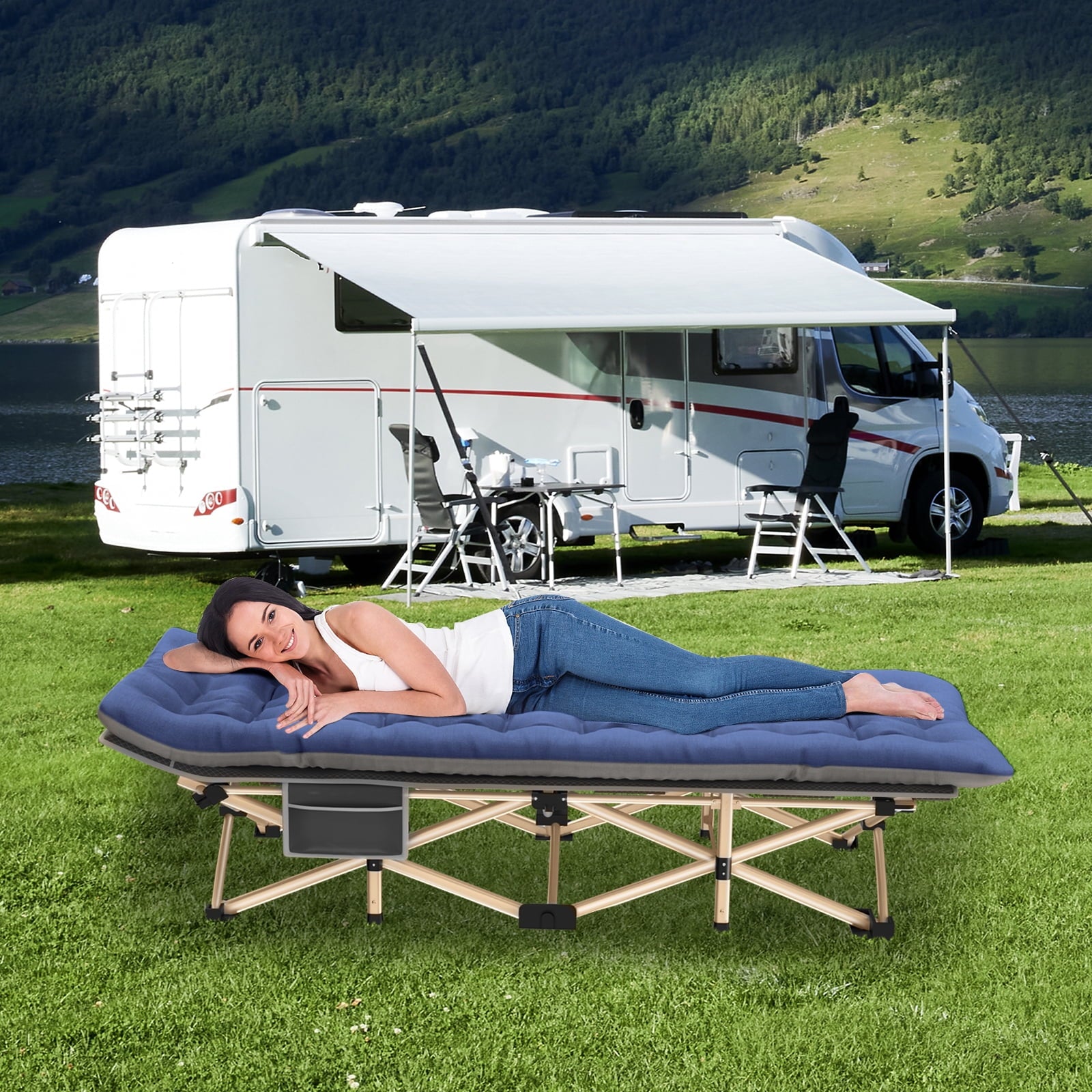Fenbeli Folding Camping Cot 32'' XXL Adult widen Folding Bad with 2 Sided Mattress and Carry Bag
