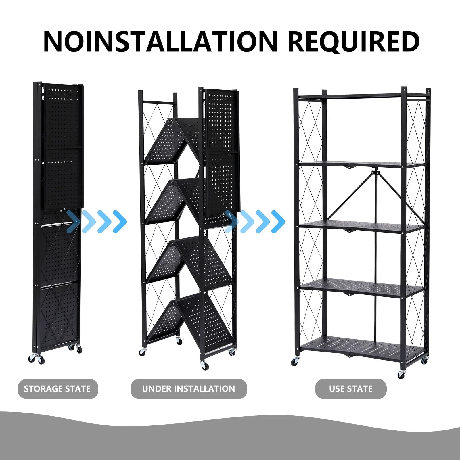 Fenbeli Foldable 5-Tier Storage Shelf with Wheels Metal Rack Collapsible Shelving Unit Display, Rolling Cartfor Garage, Pantry, Office ,Black