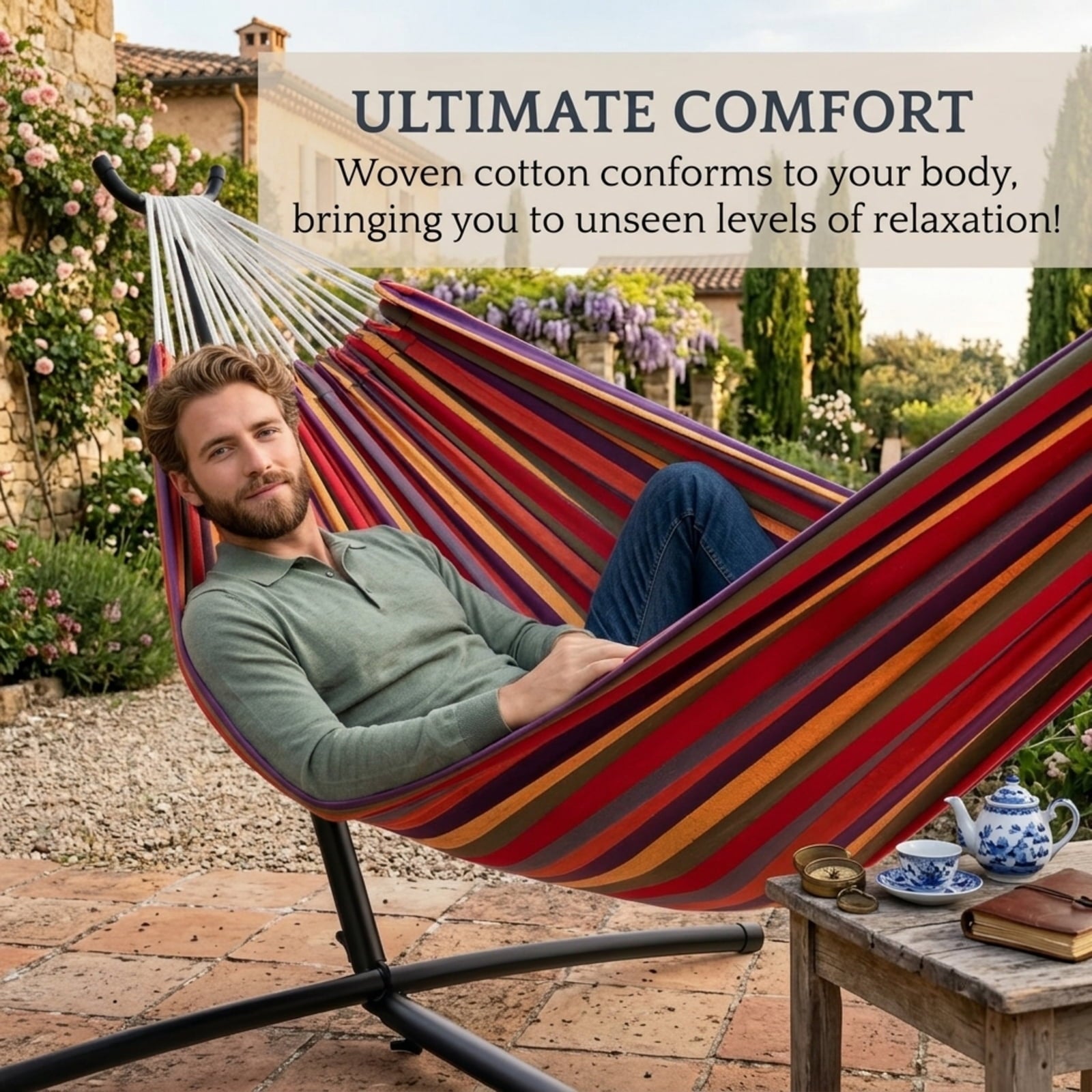 Fenbeli Double Camping Hammock with Stand 2 Person Portable Hammock Bed with Steel Frame and Carry Bag for Backyard Patio Outdoor Poolside, Red