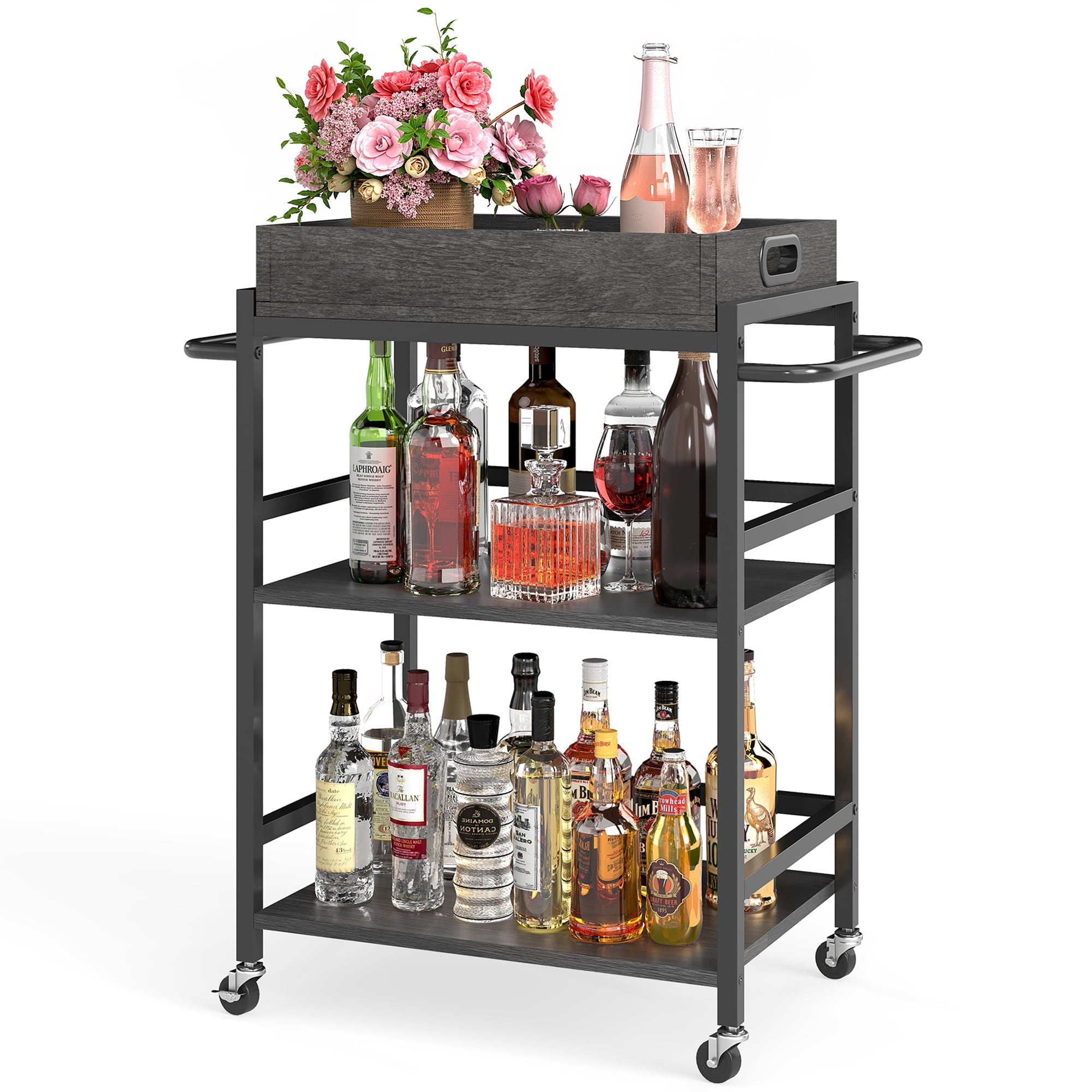 Fenbeli 3-Tier Rolling Kitchen Cart with Removable Wooden Storage Box and Wheels, Gray, 21.9L x 15.8W x 36.2H