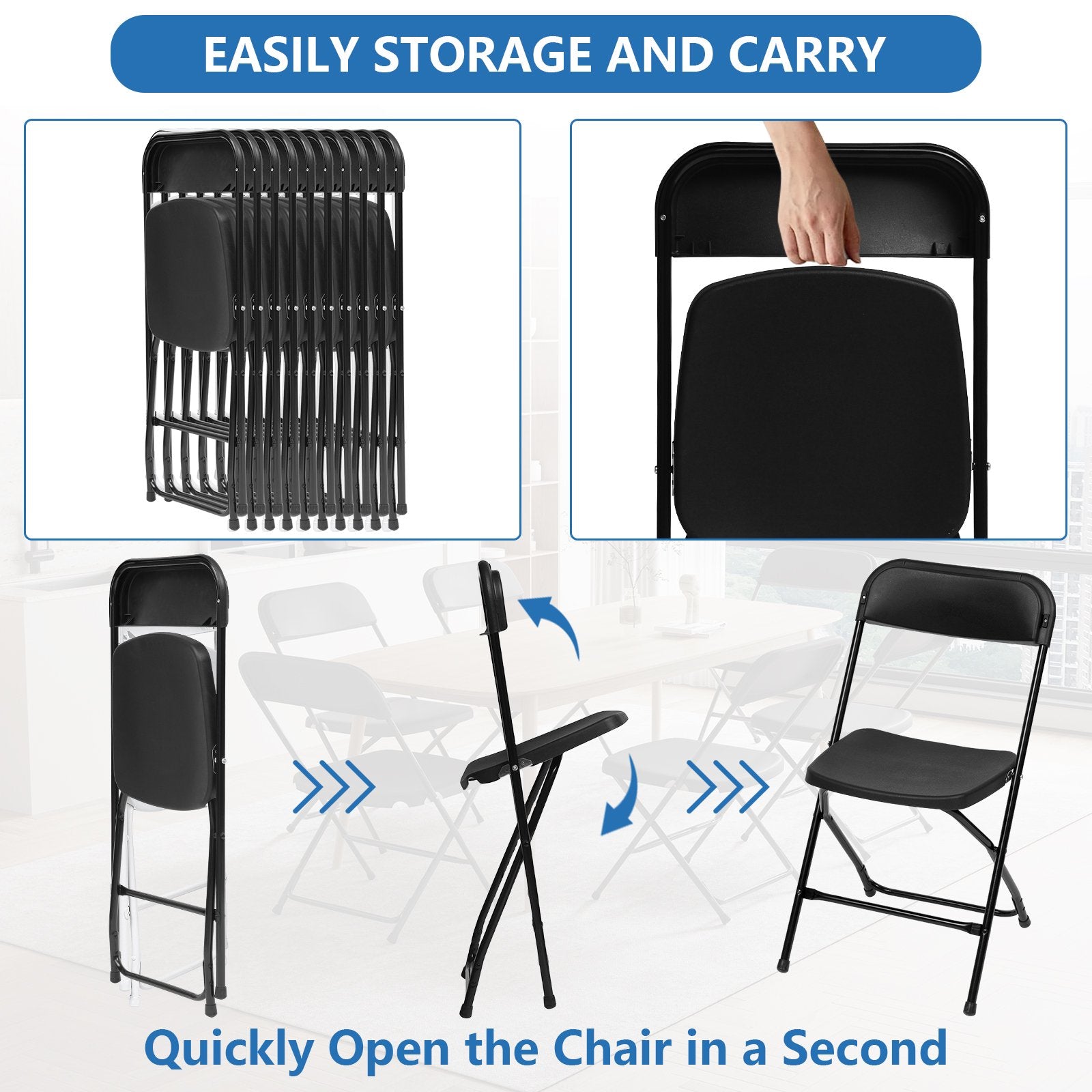 Furnibear 10 Pack Plastic Folding Chairs Indoor/Outdoor Foldable Chair Set, 350 lbs Capacity, Black
