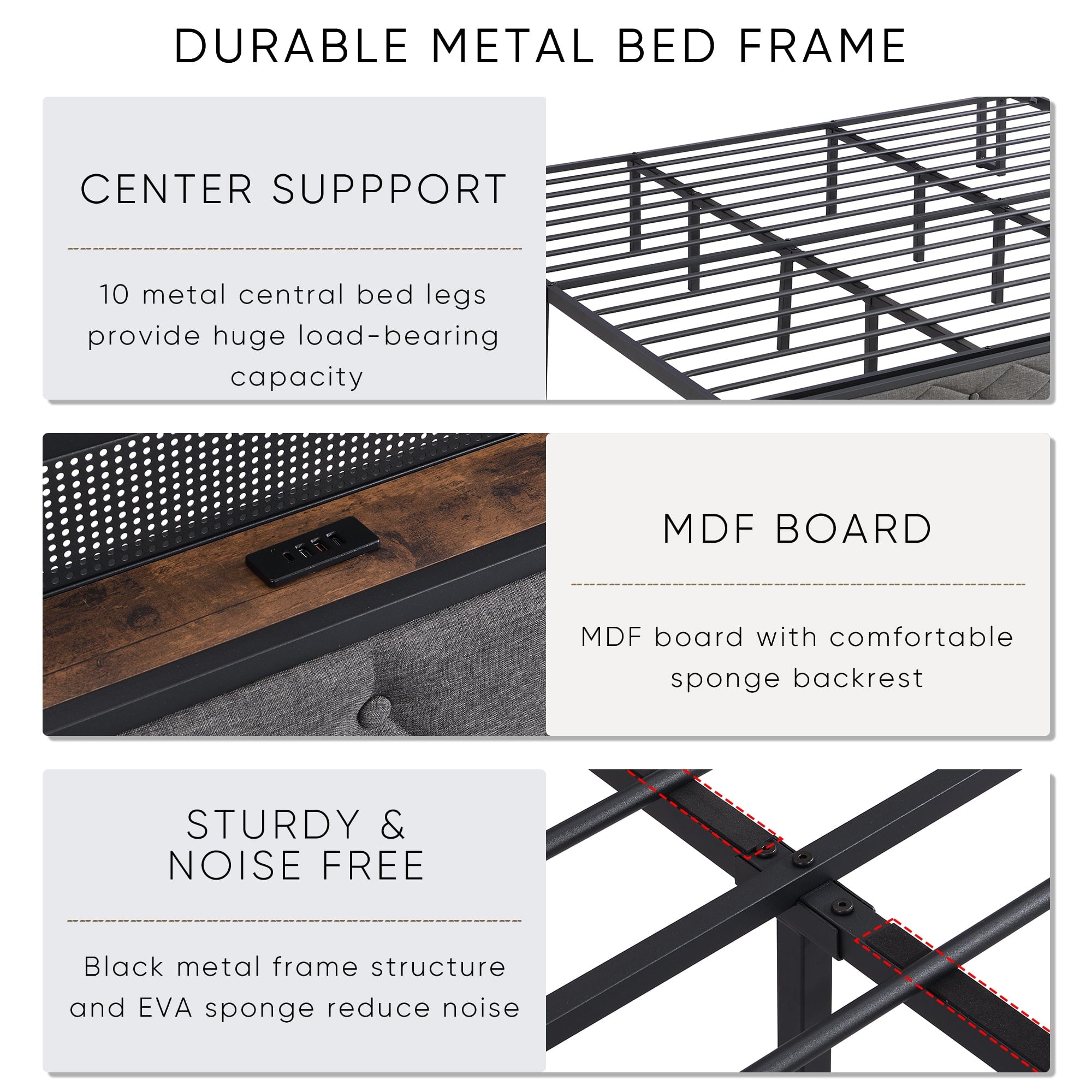 Furnibear King Bed Frame with RGB LED Lights, Charging Station And Storage Headboard | Reinforced Platform | Easy Assembly, Dark Gray