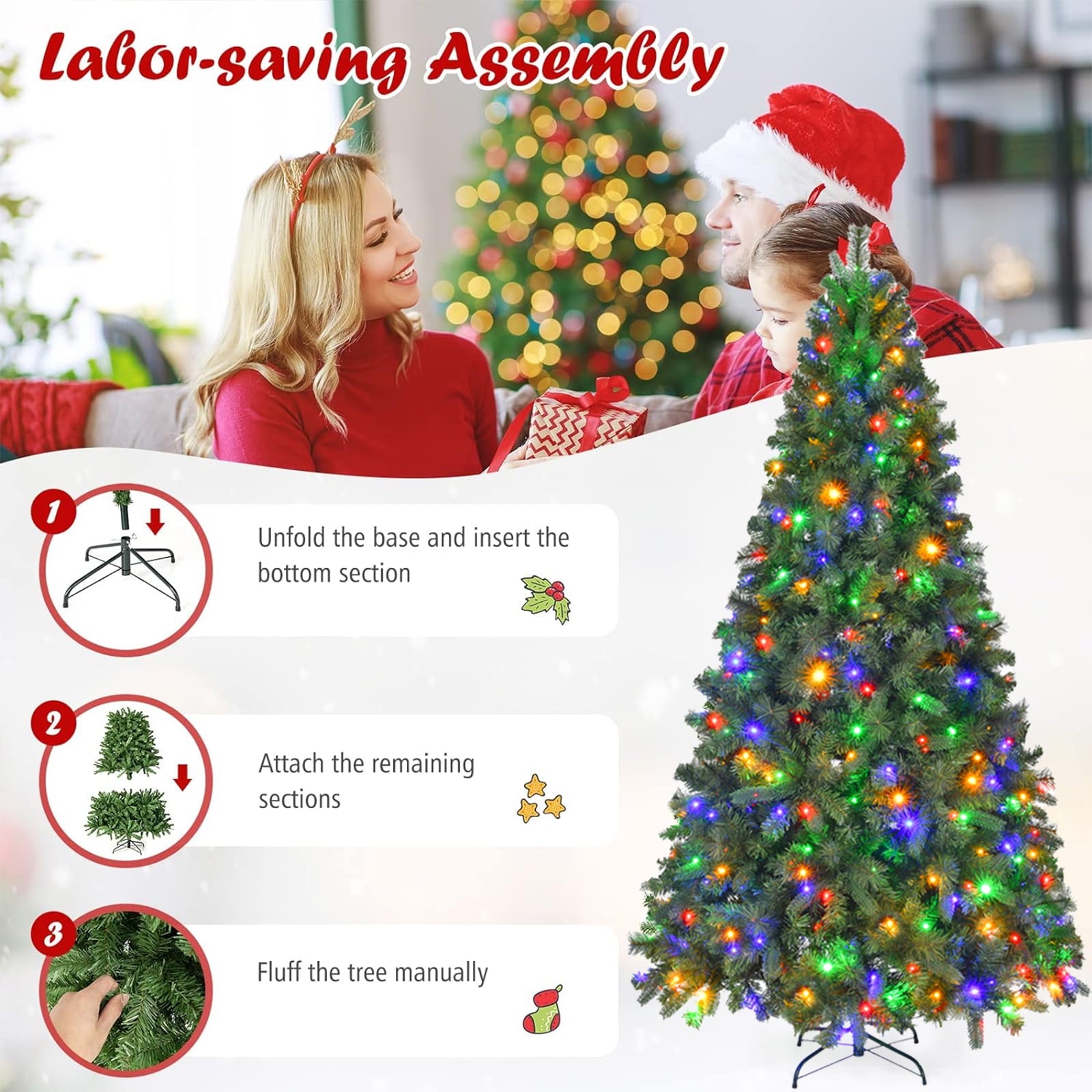 Fenbeli 6ft Pre-Lit Artificial Christmas Tree with 250 Multicolored LED Lights, 8 Sequences, Green