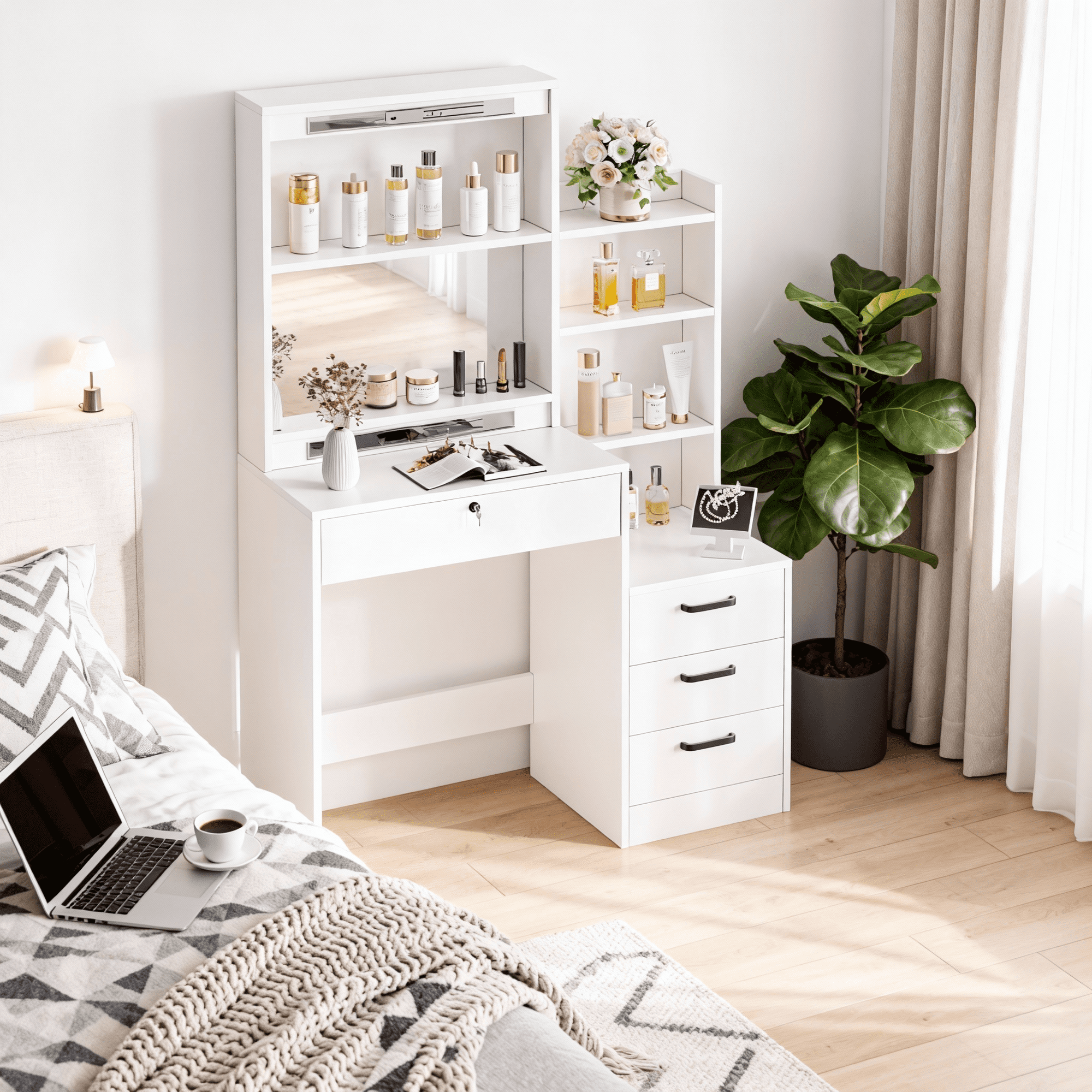 Fenbeli White Lighted Makeup Vanity Table with Sliding Sliding Mirror, Modern Dressing Table Desk with Storage for Bedroom