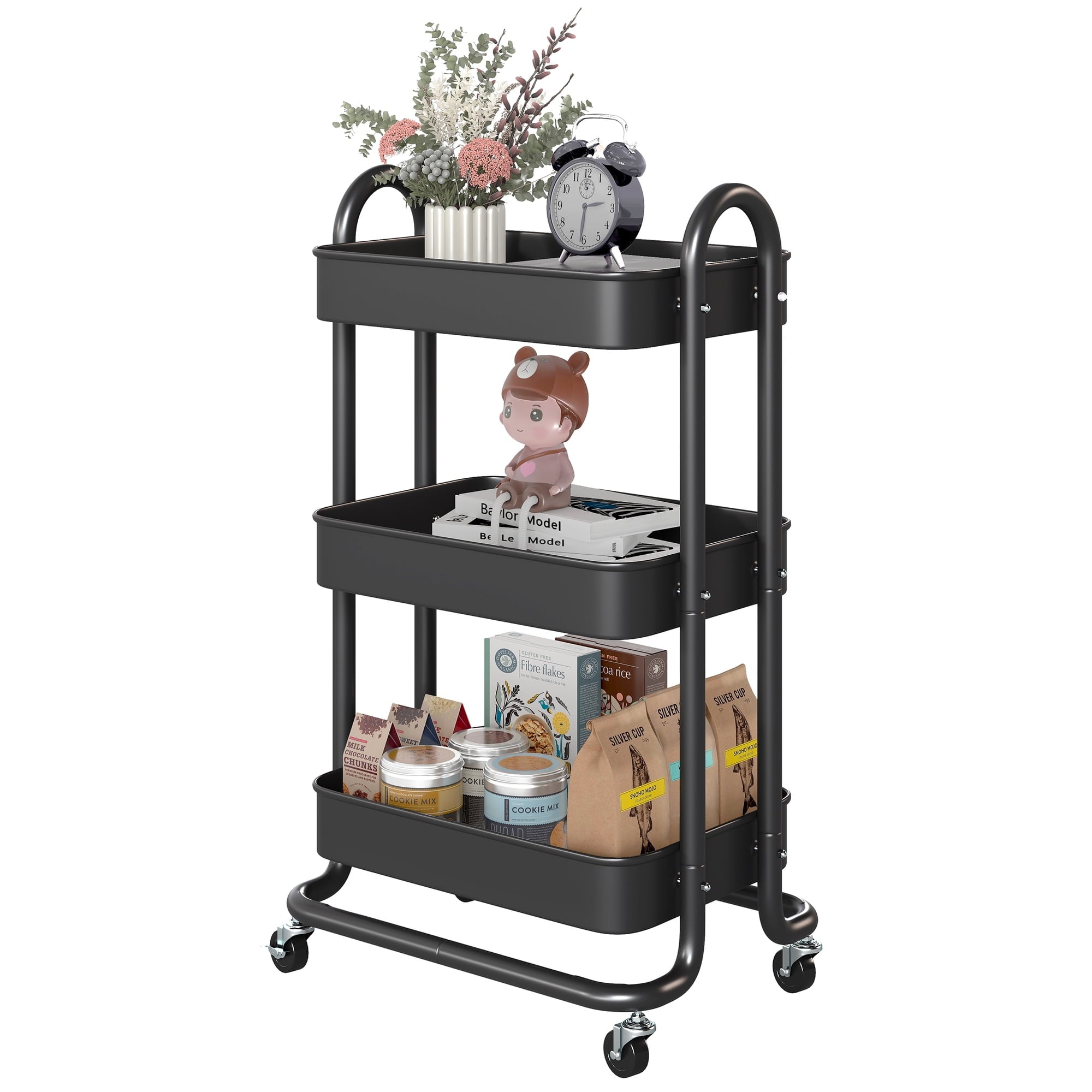 Fenbeli 3-Tier Metal Rolling Utility Cart with Wheels, black, 18L x 13.4W x 31H