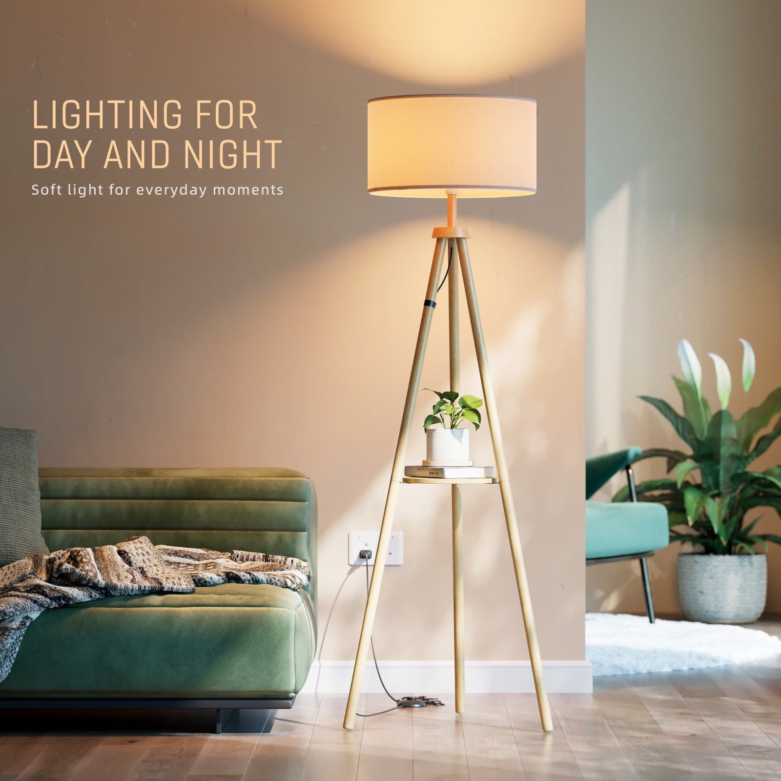 Fenbeli Tripod Floor Lamp with Shelf, 59 Wood Standing Lamp with Remote and APP, Dimmable 3 Color Temperature RGB LED Bulb Included, Linen Shade for Living Room Bedroom, Natural