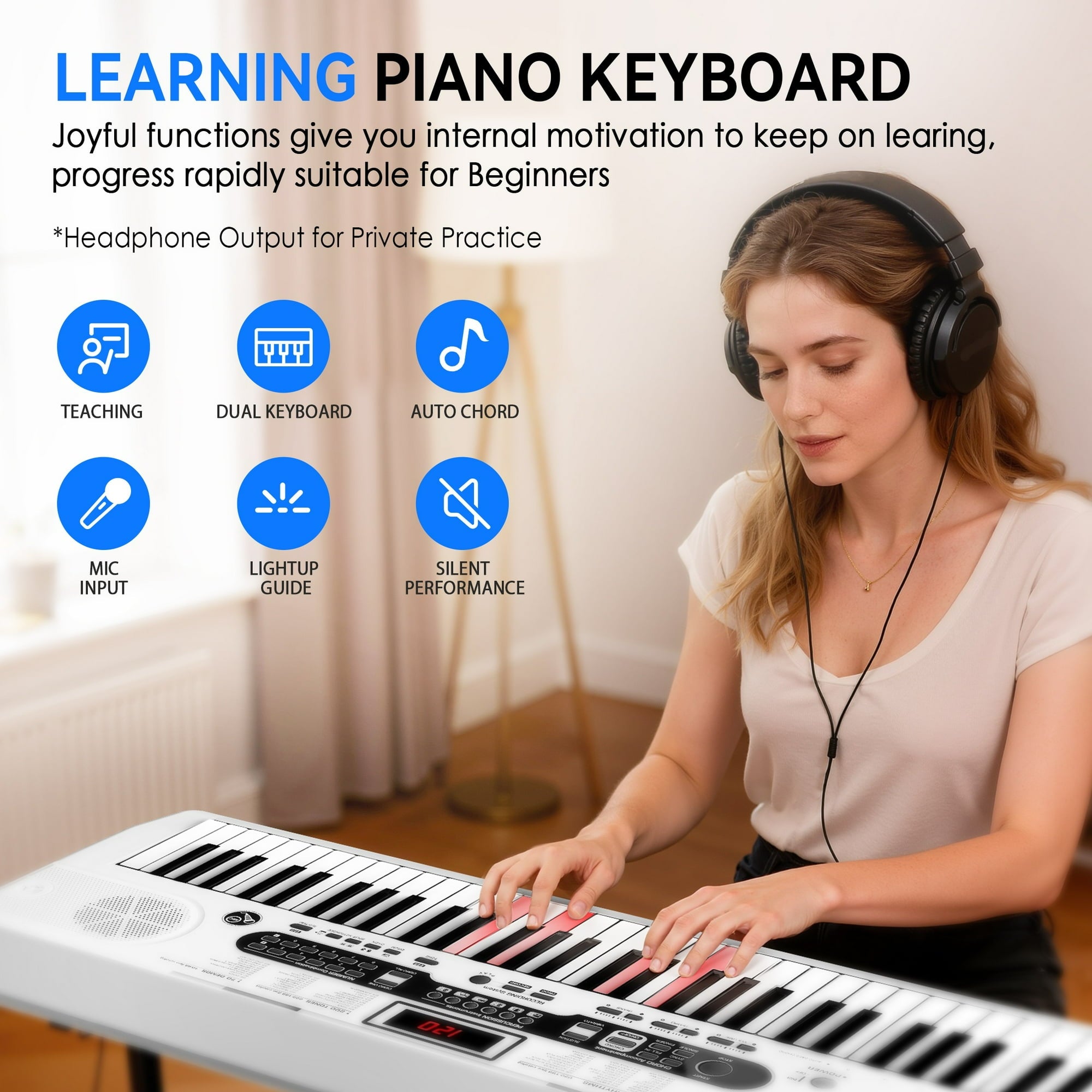 Fenbeli 61-Key Piano Keyboard with Lighted Keys, Stand, Bench, Microphone, Headphone, Electronic Keyboard Piano Set, White