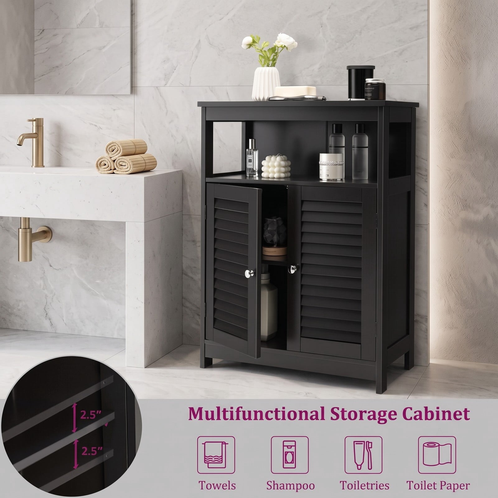 Fenbeli Wood Freestanding Bathroom Storage Cabinet, Double Shutter Doors with Adjustable Inner Shelf and Anti-Tipping Device, Floor Organizer Cabinet for, Black
