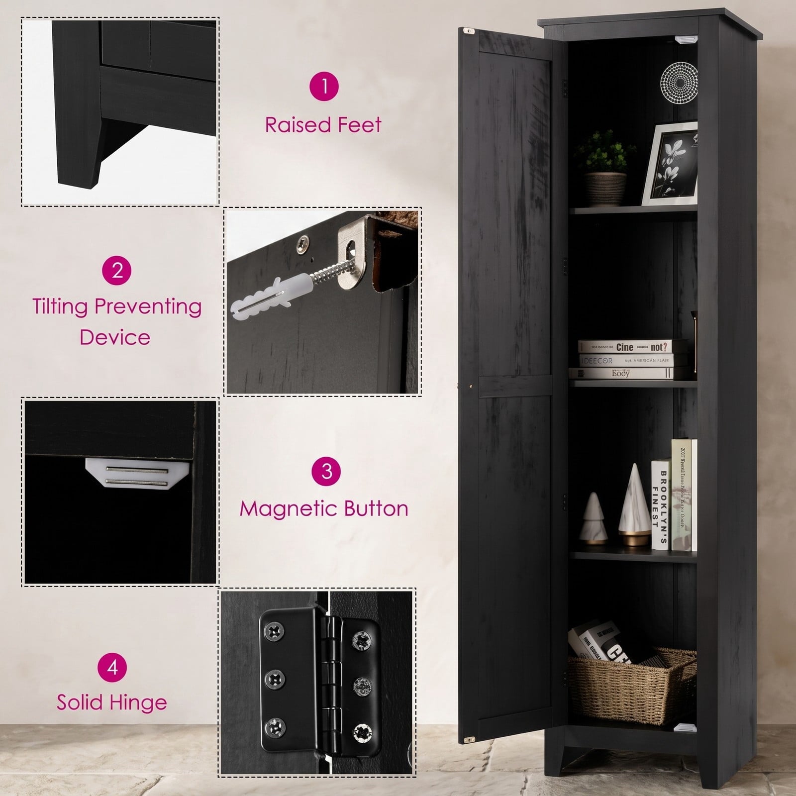 Fenbeli Linen Tower Bathroom Storage Cabinet, Tall Slim Freestanding Floor Organizer with 4 Shelves, Anti-Tip Side Storage Cabinet with Door and Magnetic, Black