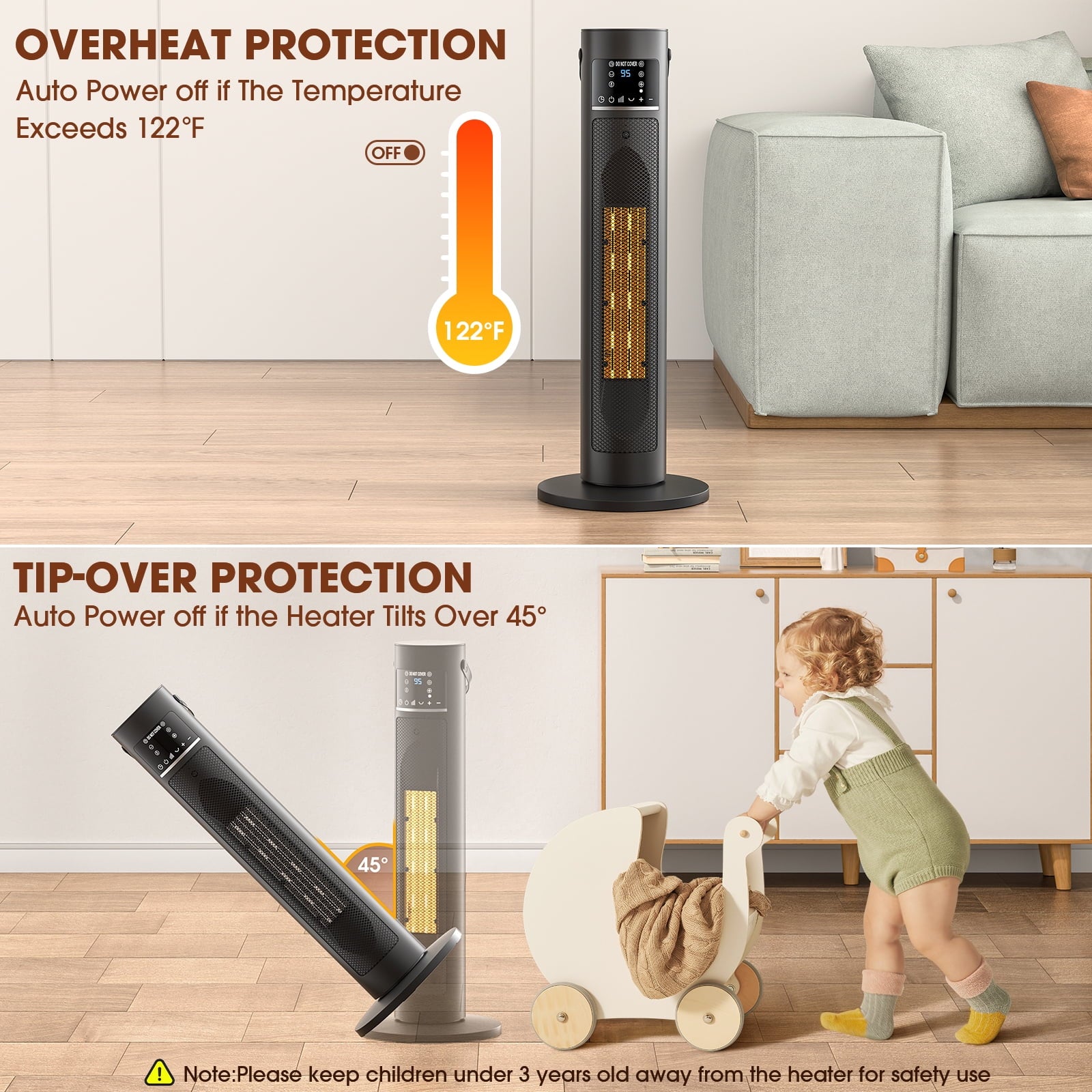 Fenbeli Space Heater for Indoor Use 1500W 26in Oscillating Electric Tower Electric Heater with Remote