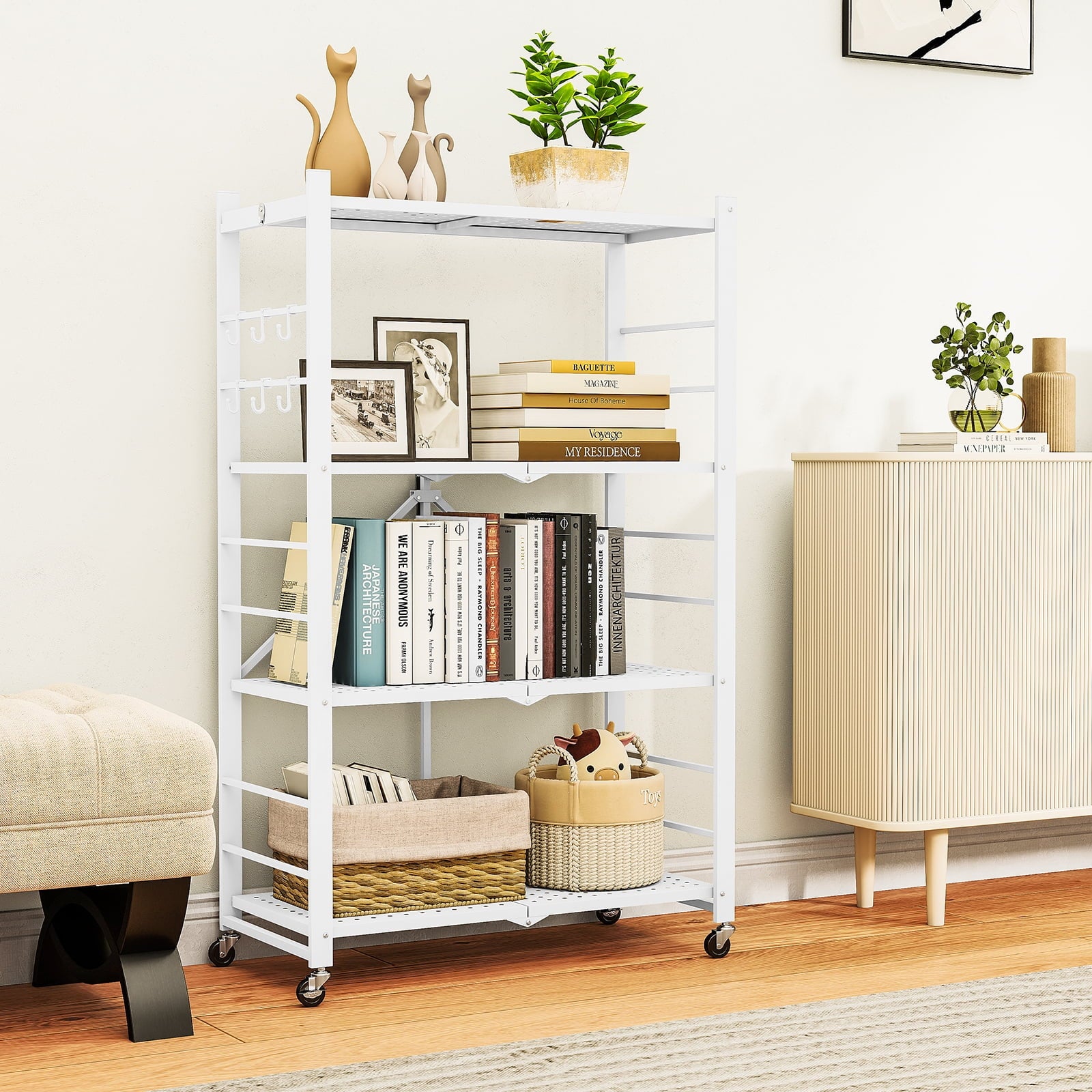 Fenbeli Storage Shelves,4-Tier Foldable Metal Wire Storage Shelf with Wheels, Heavy Duty Organizer Rack for Garage, Kitchen, Closet, White