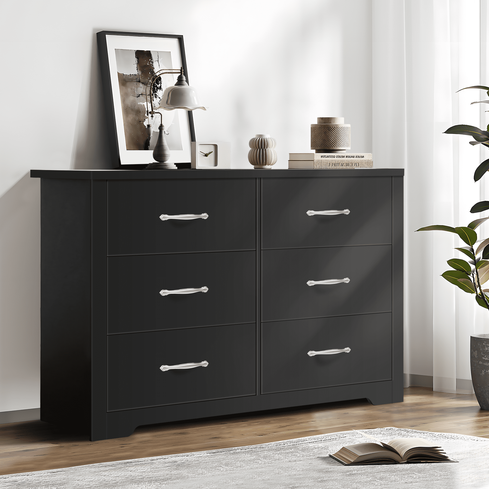 Fenbeli 6 Drawer Dresser, Black Finish