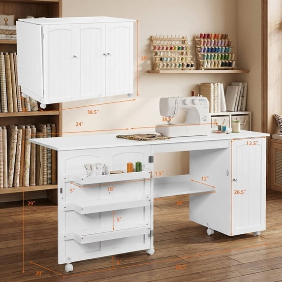 Furnibear Folding Large Sewing Table with Storage, White Computer Desk for Home Office, Bedroom, and Living Room