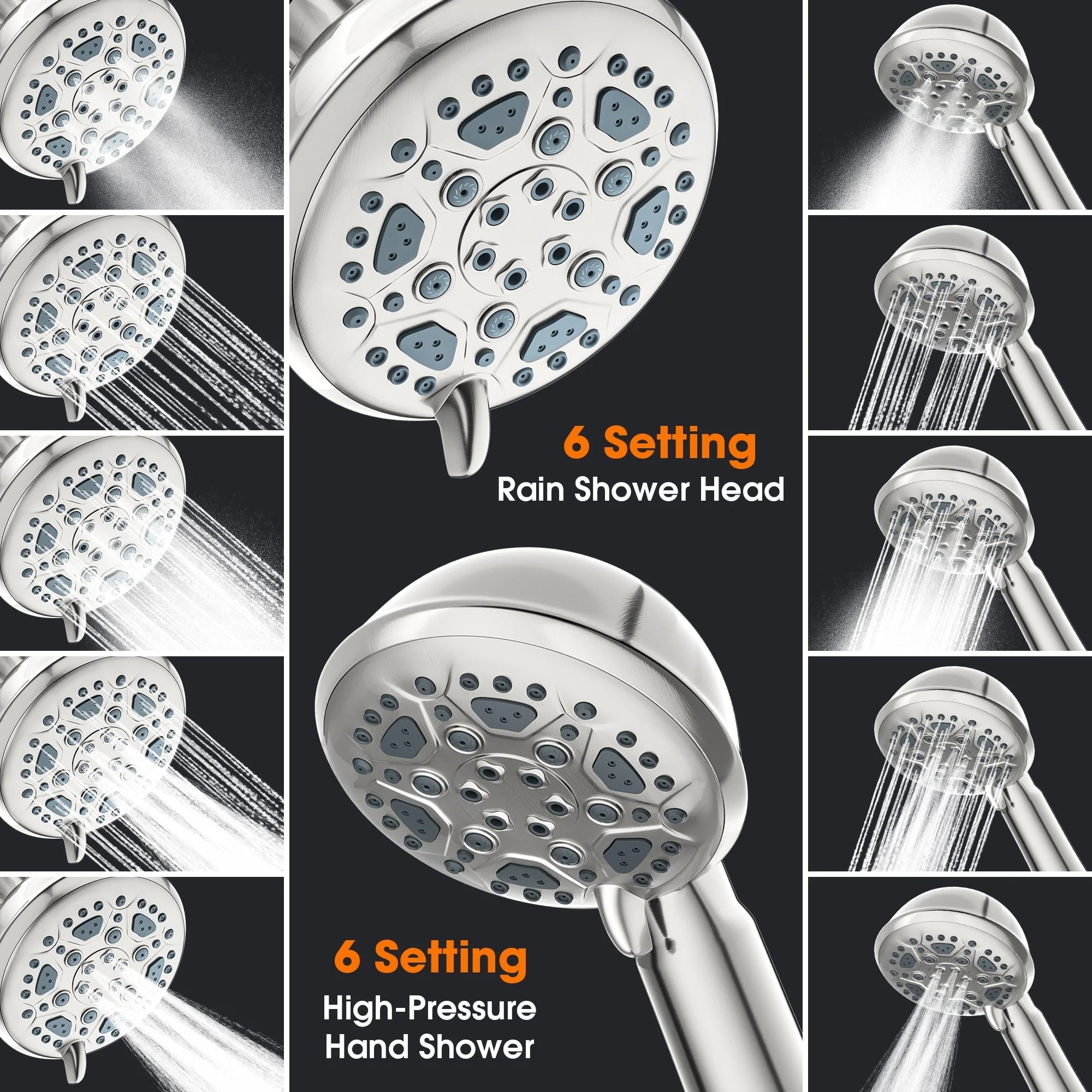Fenbeli 6-Spray Setting Dual Rain Shower Head High Pressure Shower Heads with Handheld Valve and 59 Flexible Hose Brushed Nickel