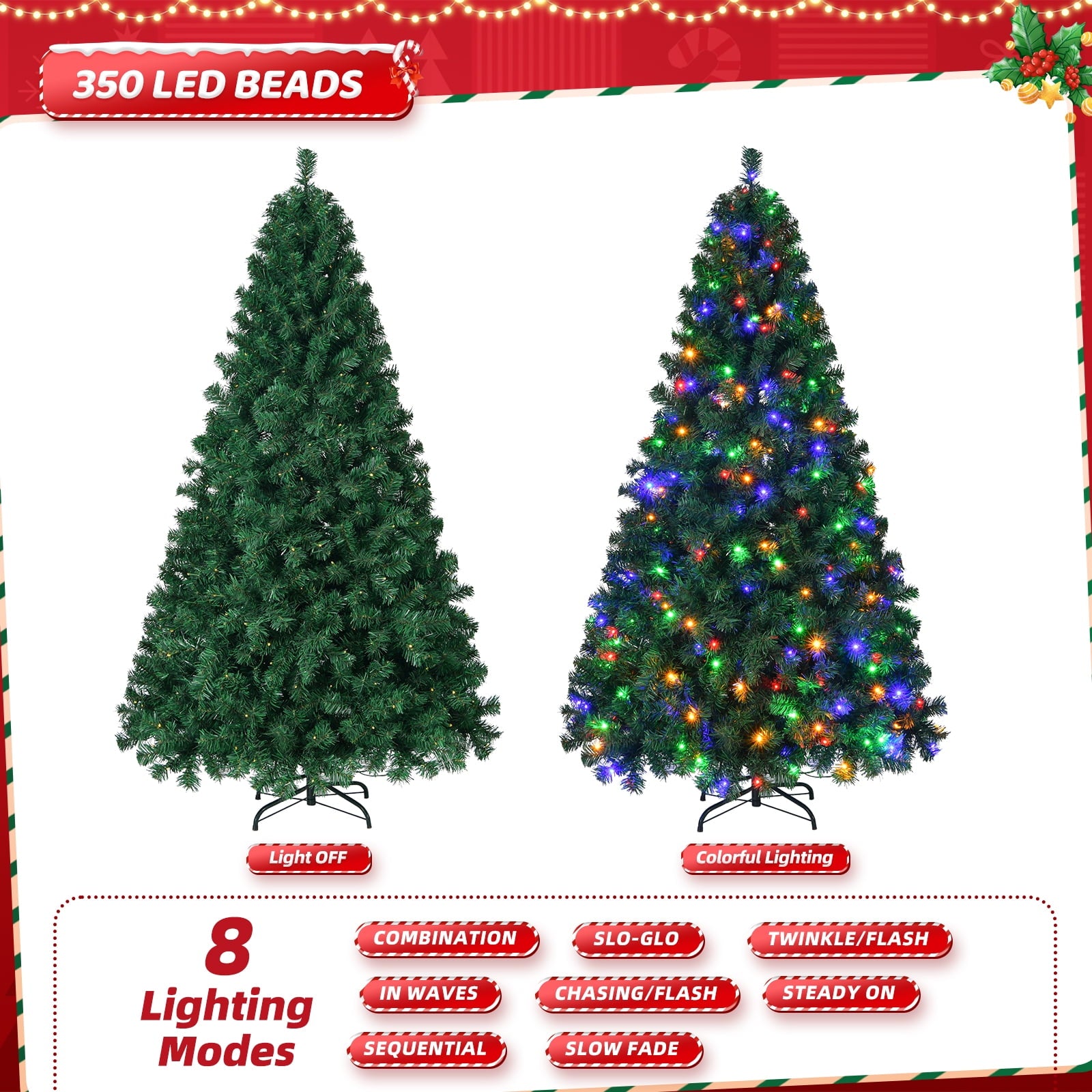 Fenbeli 6ft Pre-Lit Artificial Christmas Tree with 250 Multicolored LED Lights, Indoor Outdoor Green