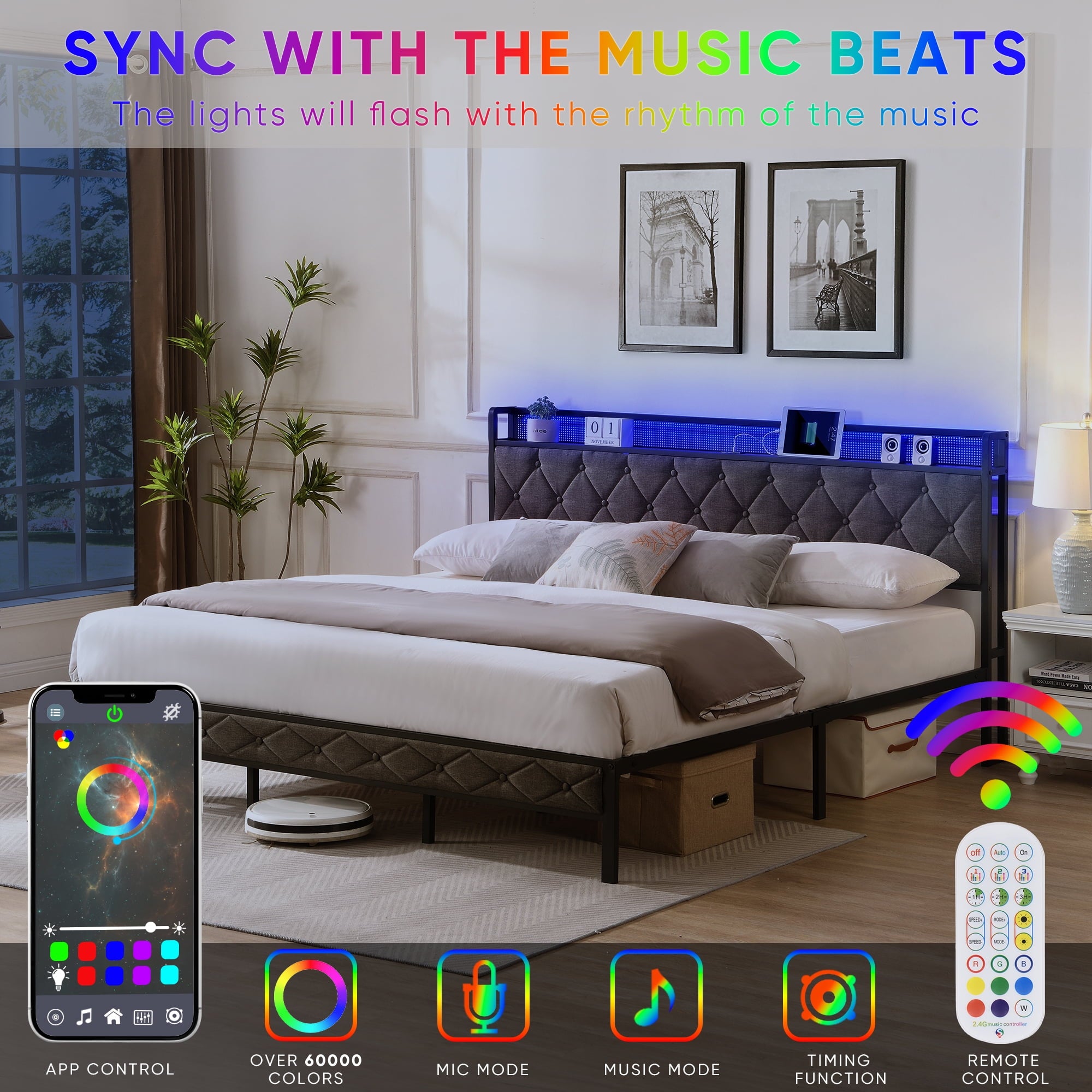Furnibear King Bed Frame with RGB LED Lights, Charging Station And Storage Headboard | Reinforced Platform | Easy Assembly, Dark Gray