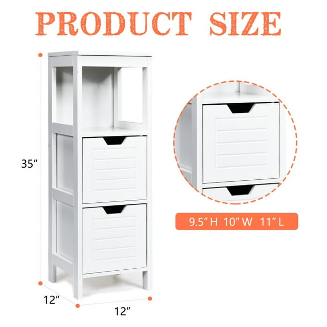 Modern Bathroom Floor Cabinet with 2 Drawers, Free Standing Medicine Cabinet Storage Organizer Unit for Living Room Bedroom, White