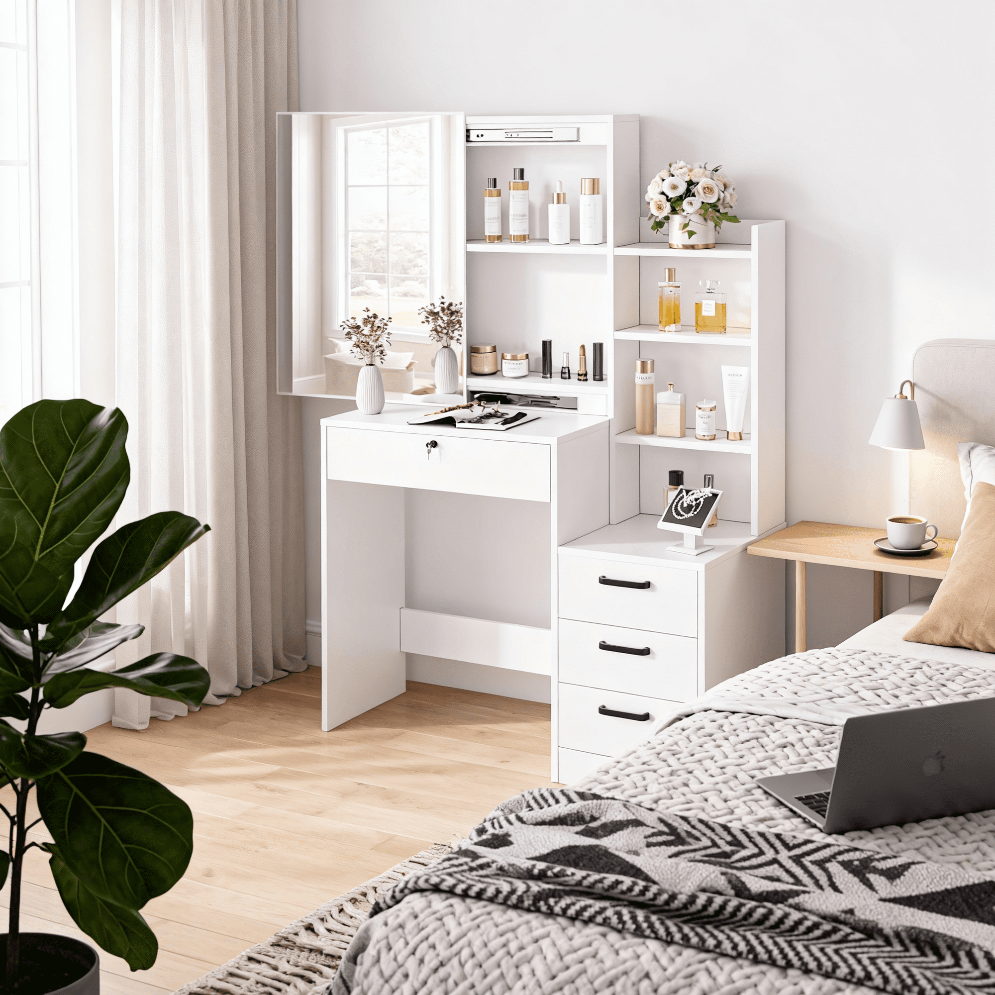 Fenbeli White Lighted Makeup Vanity Table with Sliding Sliding Mirror, Modern Dressing Table Desk with Storage for Bedroom