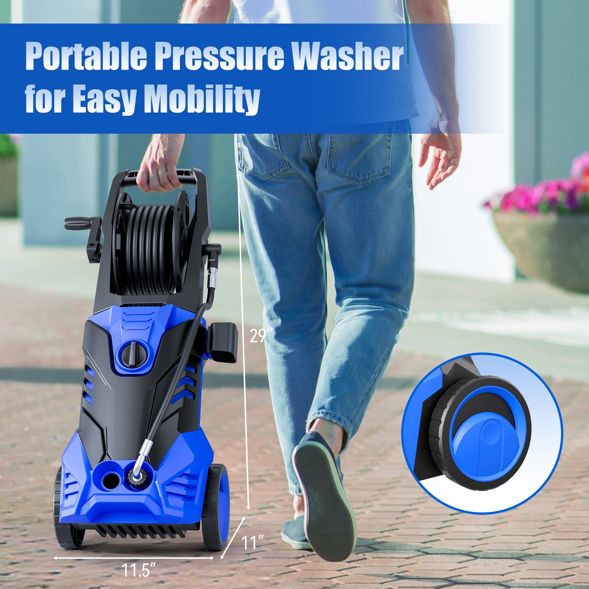Fenbeli 3000 PSI Electric Pressure Washer, 2.0 GPM Power Washer with Hose Reel, 5 Nozzles, Wheels and Handle, 2000W High-Efficiency Cleaner for Cars, Homes, Driveways, and Decks