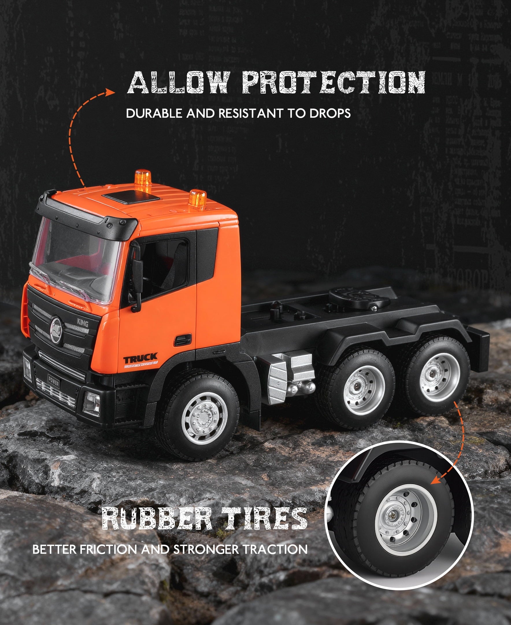 Fenbeli 1:18 RC Flatbed Truck and Excavator Toy Set, 2.4GHz 9-Channel Remote Control Construction Vehicles with Lights Sounds, 32.9 Semi-Trailer with 680¡ã Rotating Digger, Gift for Boys 8-12, Orange