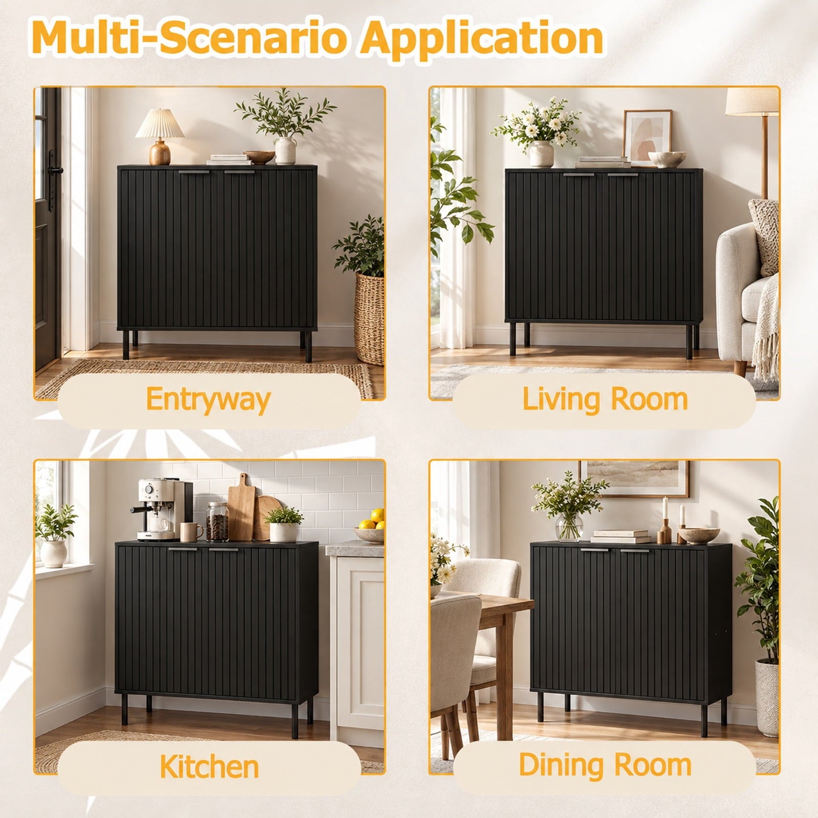 Fenbeli Fluted Buffet Cabinet with 2-Door Sideboard for Kitchen and Dining Room, Black, Metal legs provide strong and reliable support