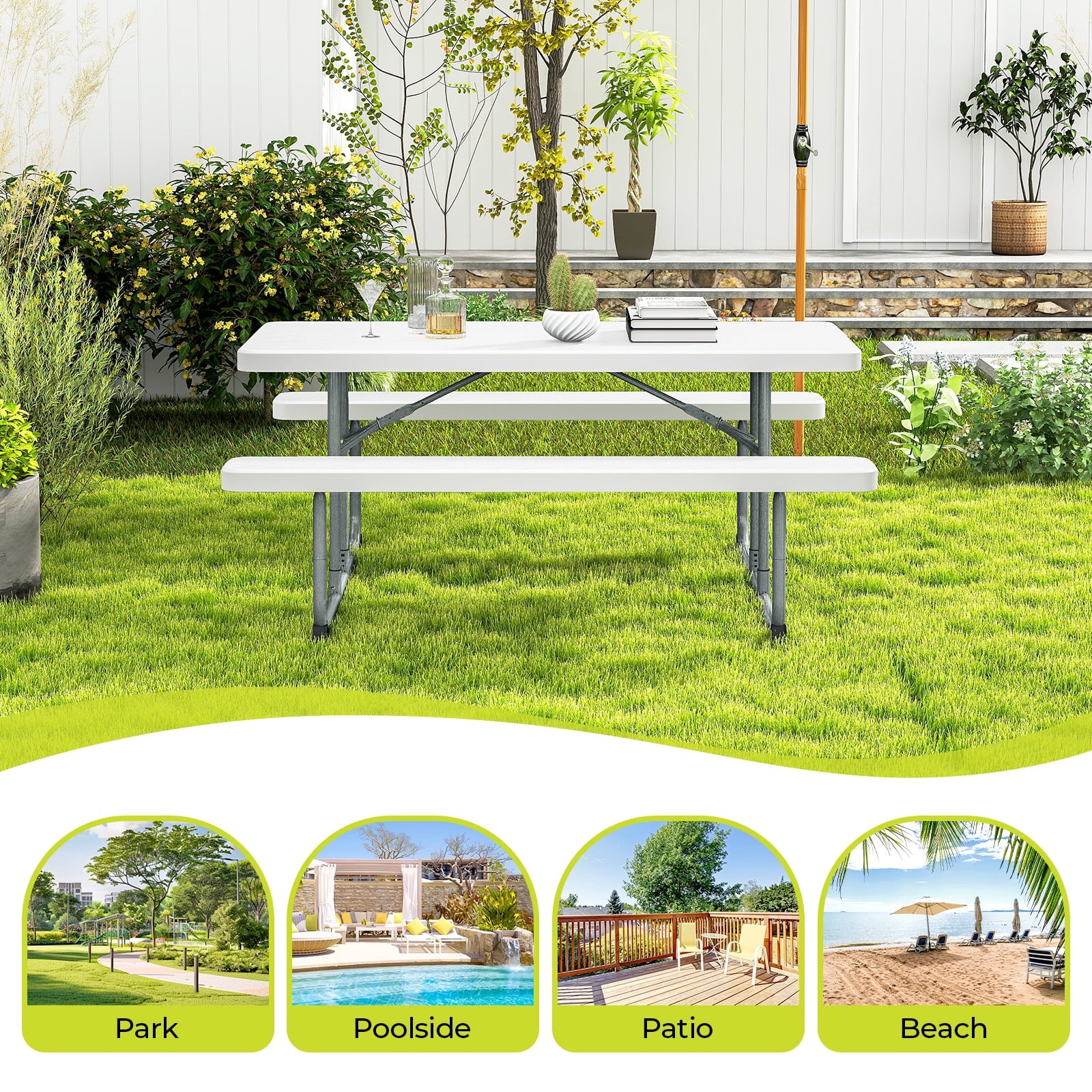 Fenbeli Folding Picnic Table Set 6ft Outdoor Picnic Table with Benches for Camping, BBQ, and Patio Use, White