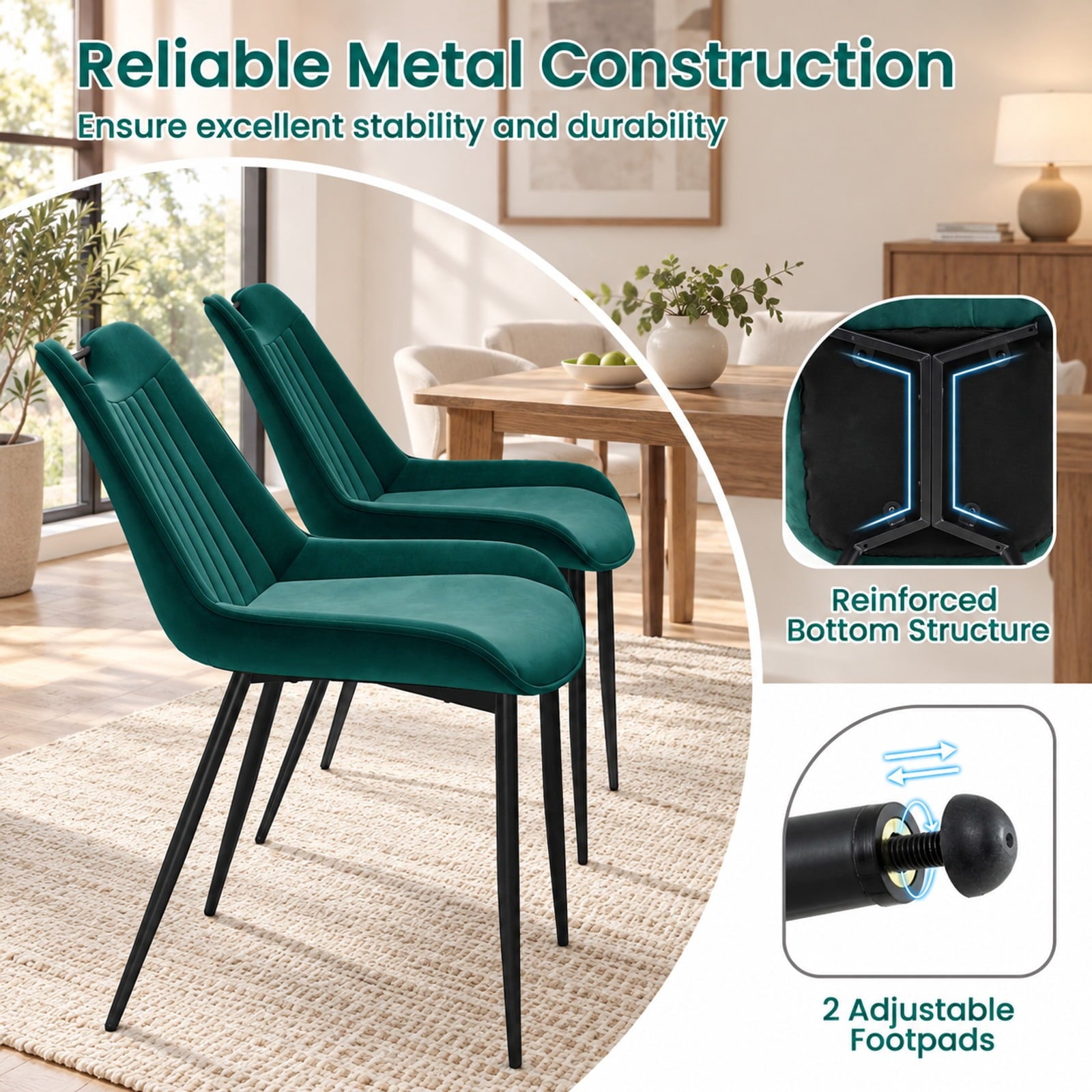 Fenbeli Dining Chair Set of 4 Faux Leather Upholstered Kitchen Chairs with Metal Legs, Chair 330 lbs Capacity, PU Leather Sponge Metal GR/TU Frame