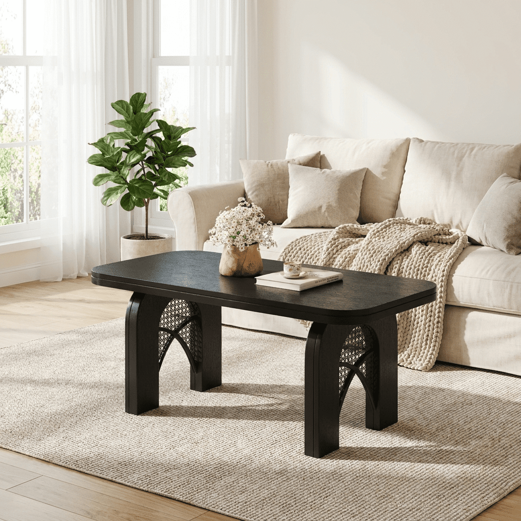 Furnibear Boho Coffee Table for Living Room with Woven Cane and Arched Wood Legs for Living Room,Black