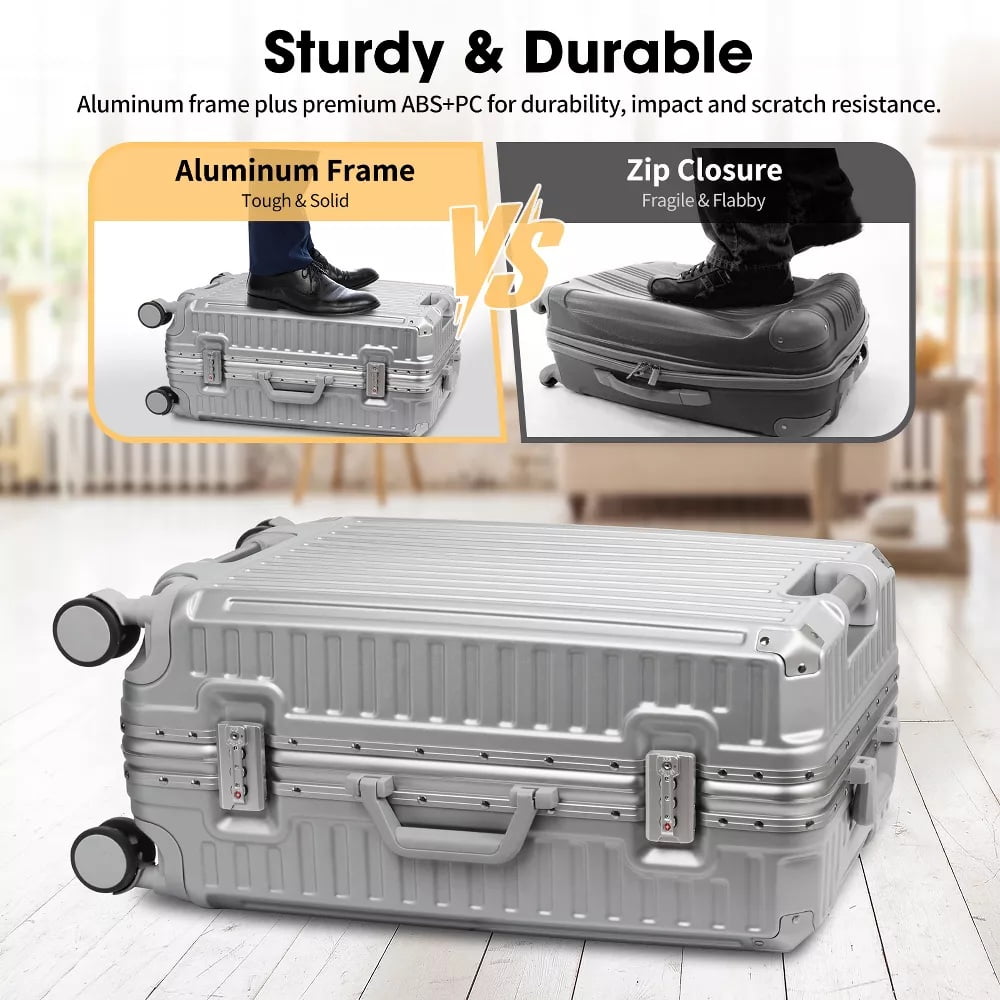 Fenbeli 28 Hardshell Luggage with Cup Holder TSA Locks ABS+PC Suitcases with Spinner Wheels for Travel Aluminum Frame Silver