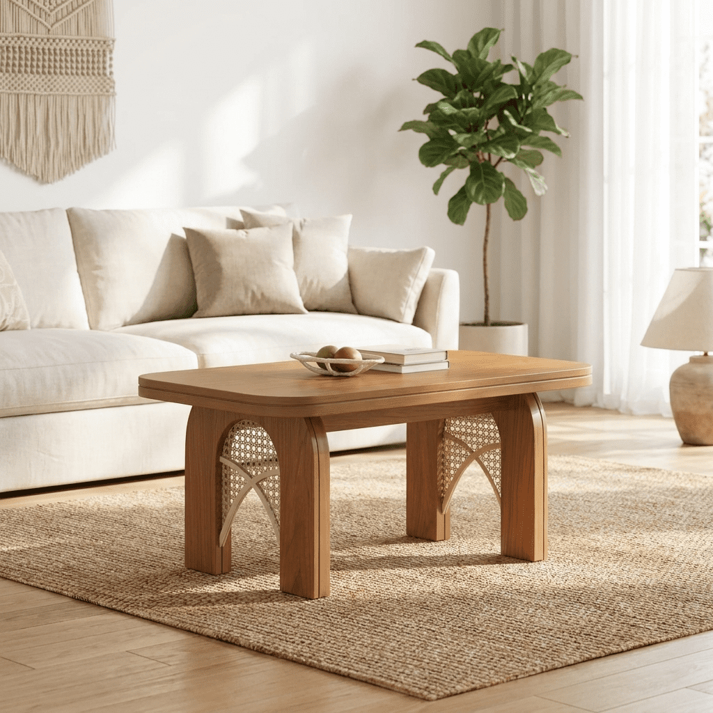 Furnibear Boho Coffee Table for Living Room with Woven Cane and Arched Wood Legs for Living Room,Brown