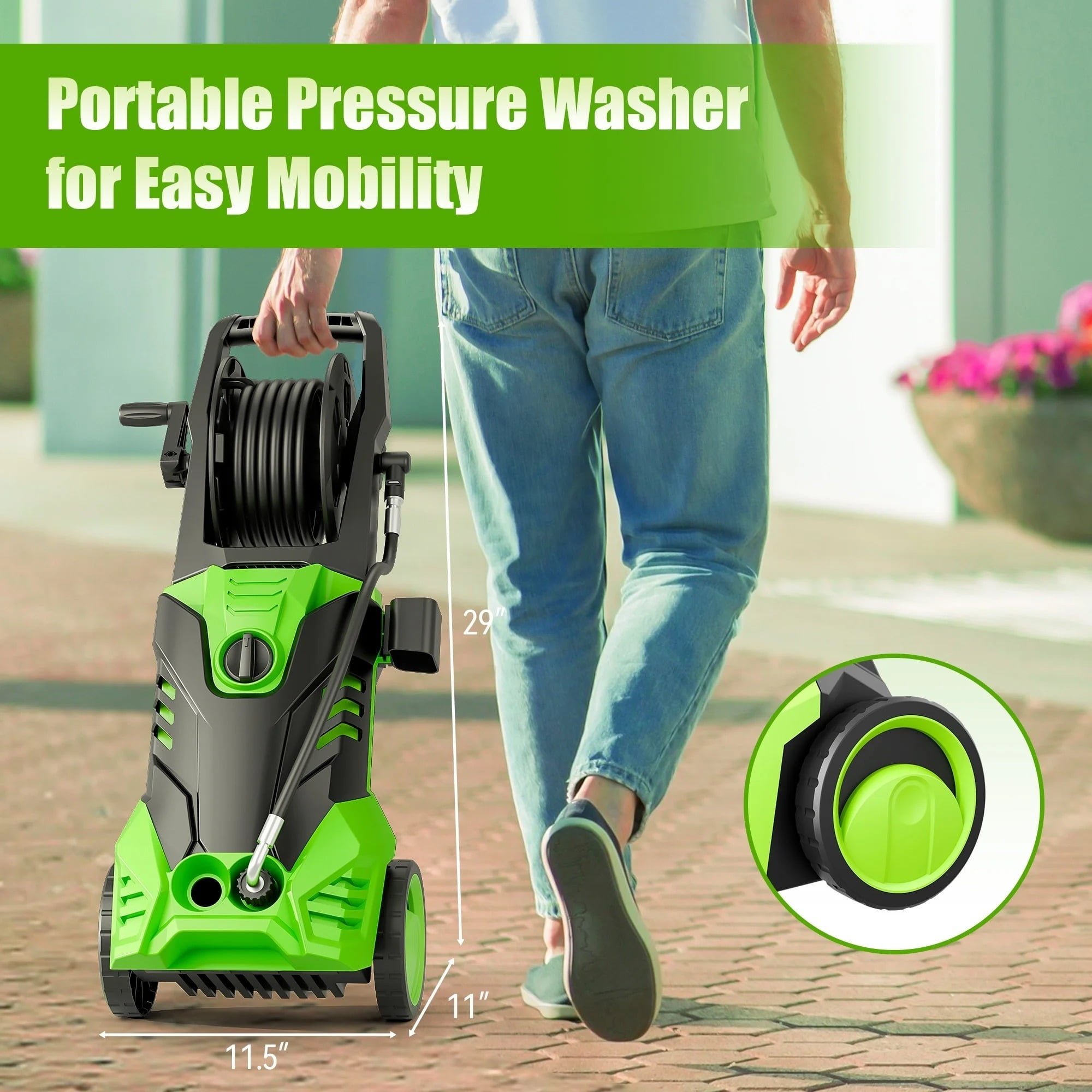 Electric Pressure Washer, 3800PSI 2.6 GPM Power Washer Machine with Hose Reel,4 Quick Connect Nozzles, Foam Cannon, for Cars, Patios, and Floor Cleaning,Green