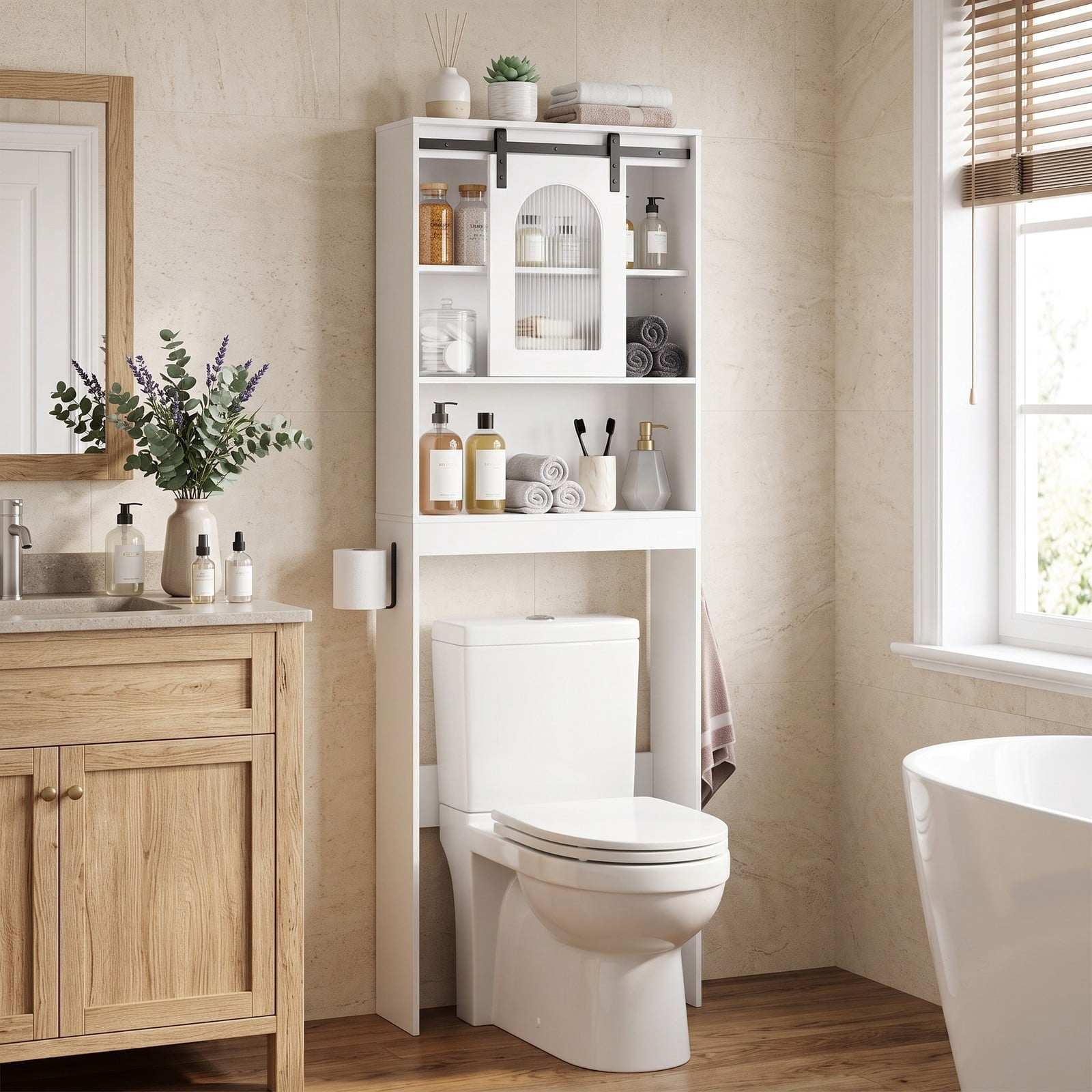 Fenbeli Over The Toilet Storage Cabinet with Sliding Barn Door and Open Shelves, Farmhouse Bathroom Space Saver Organizer Over Toilet Rack with Side Hooks, White